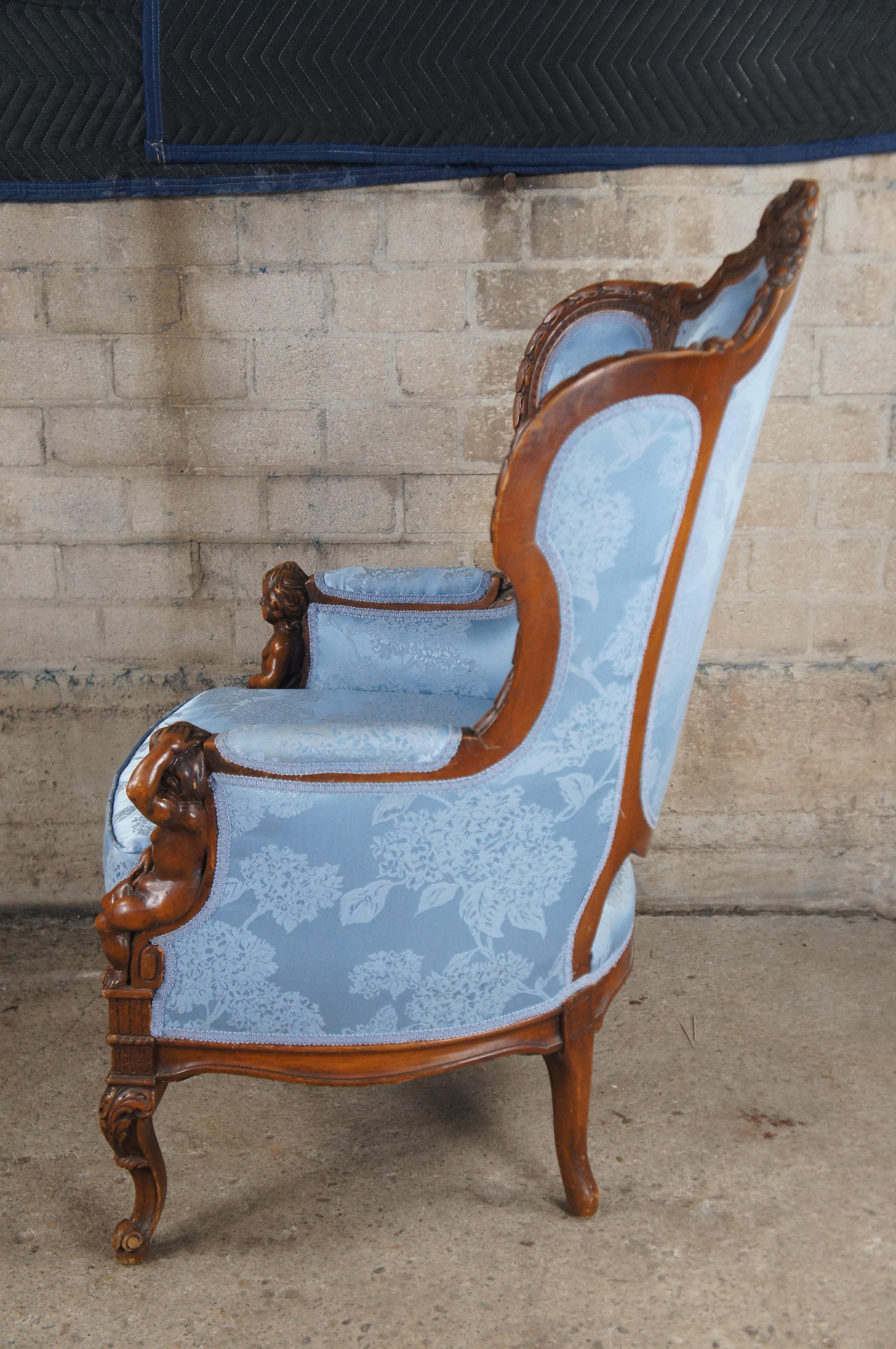 Antique French Louis XVI Style Figural Carved Walnut Bergere Wingback Arm Chair For Sale 3