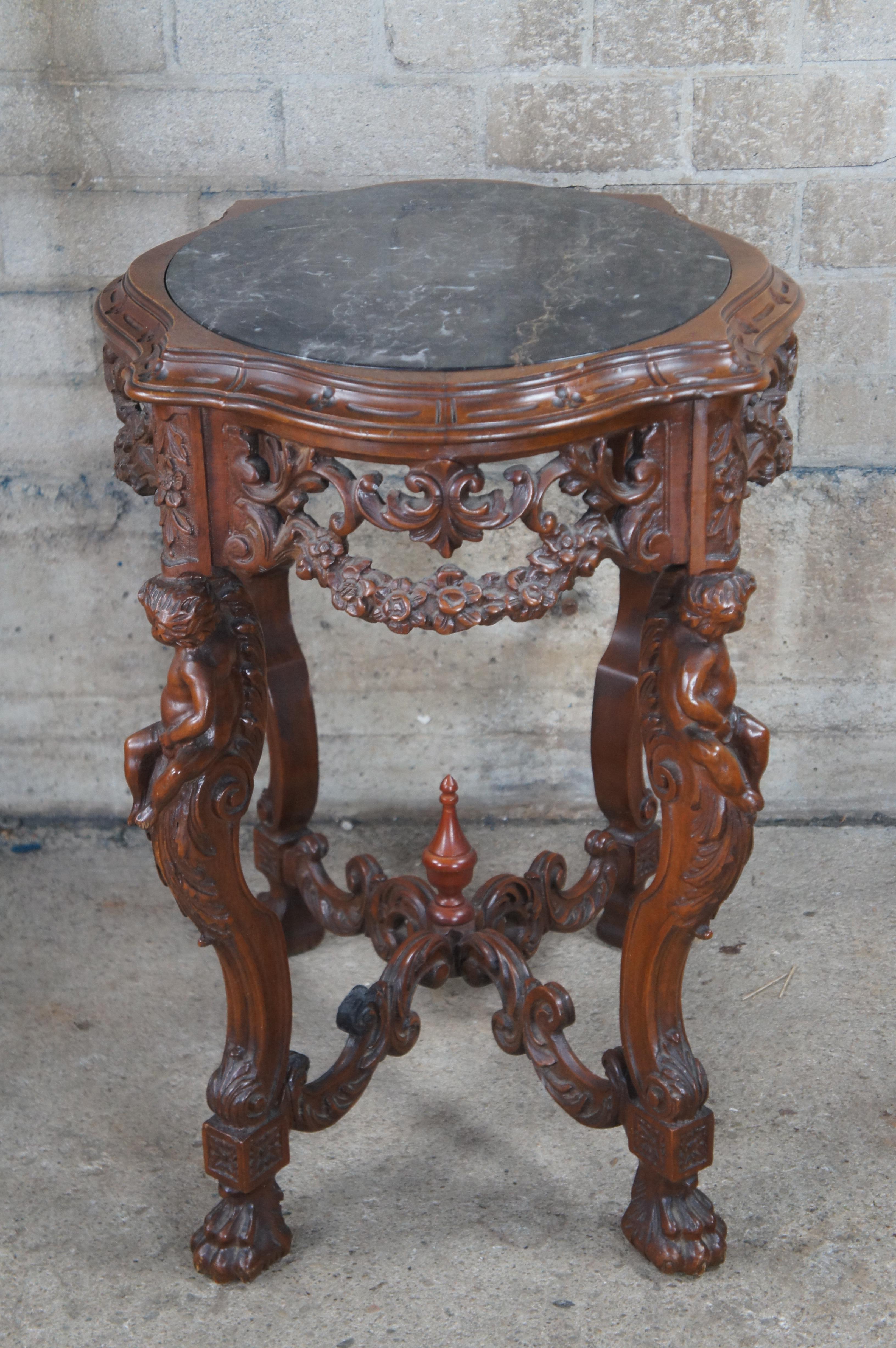 Antique French Louis XVI Style Figural Carved Walnut Marble Top Parlor Table 5