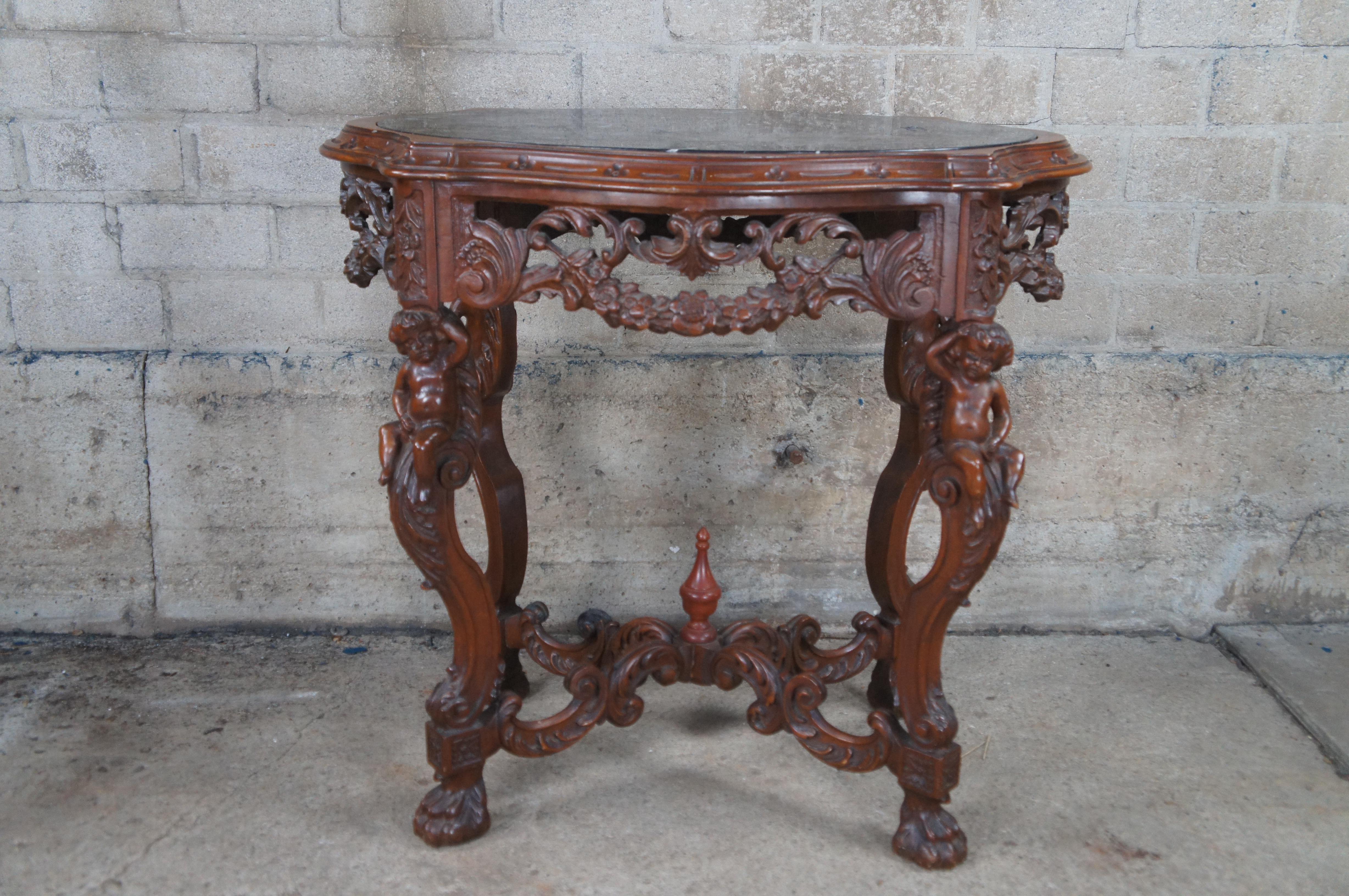 Antique French Louis XVI Style Figural Carved Walnut Marble Top Parlor Table 6