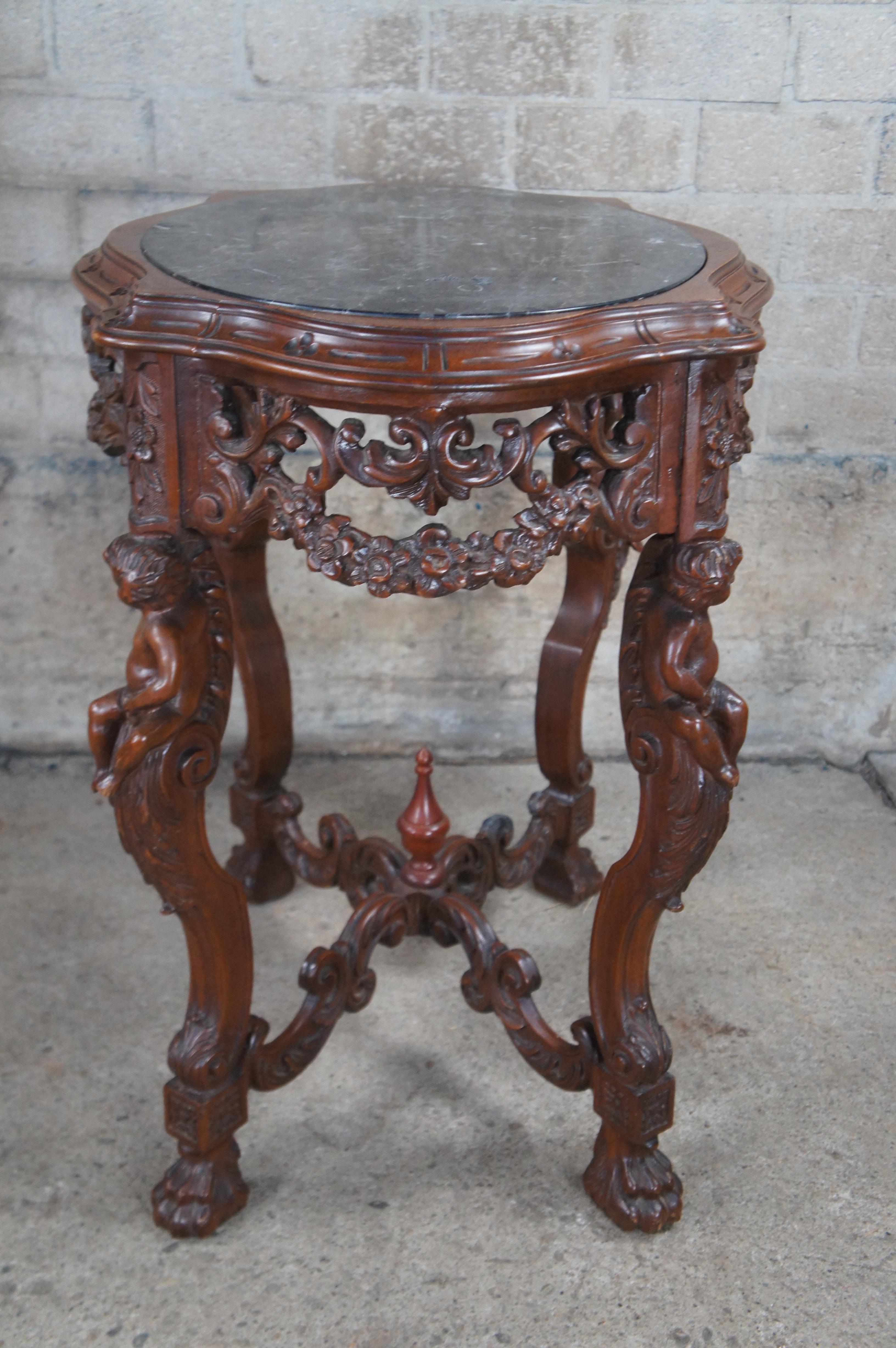 Antique French Louis XVI Style Figural Carved Walnut Marble Top Parlor Table 7