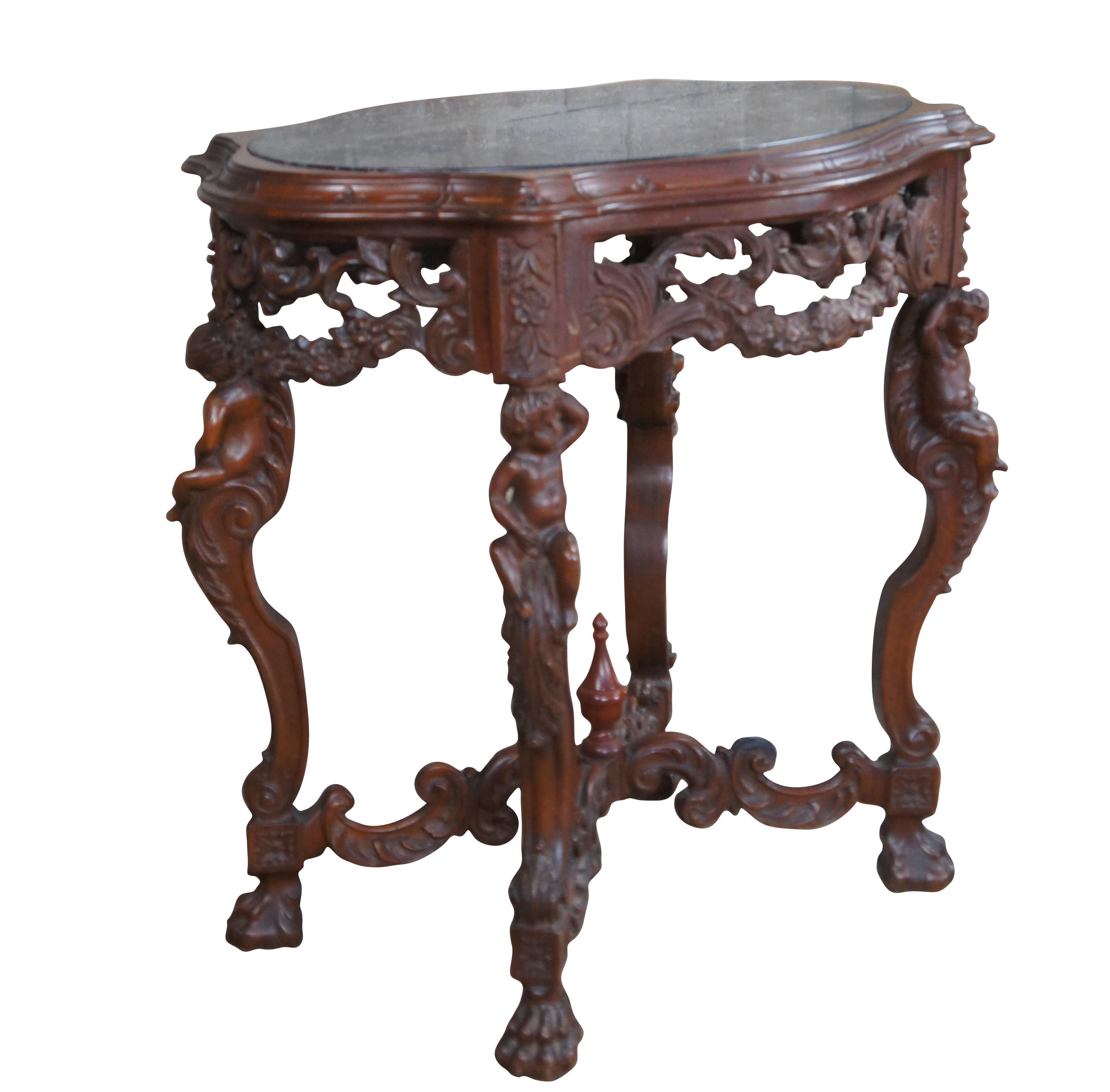 Victorian Antique French Louis XVI Style Figural Carved Walnut Marble Top Parlor Table