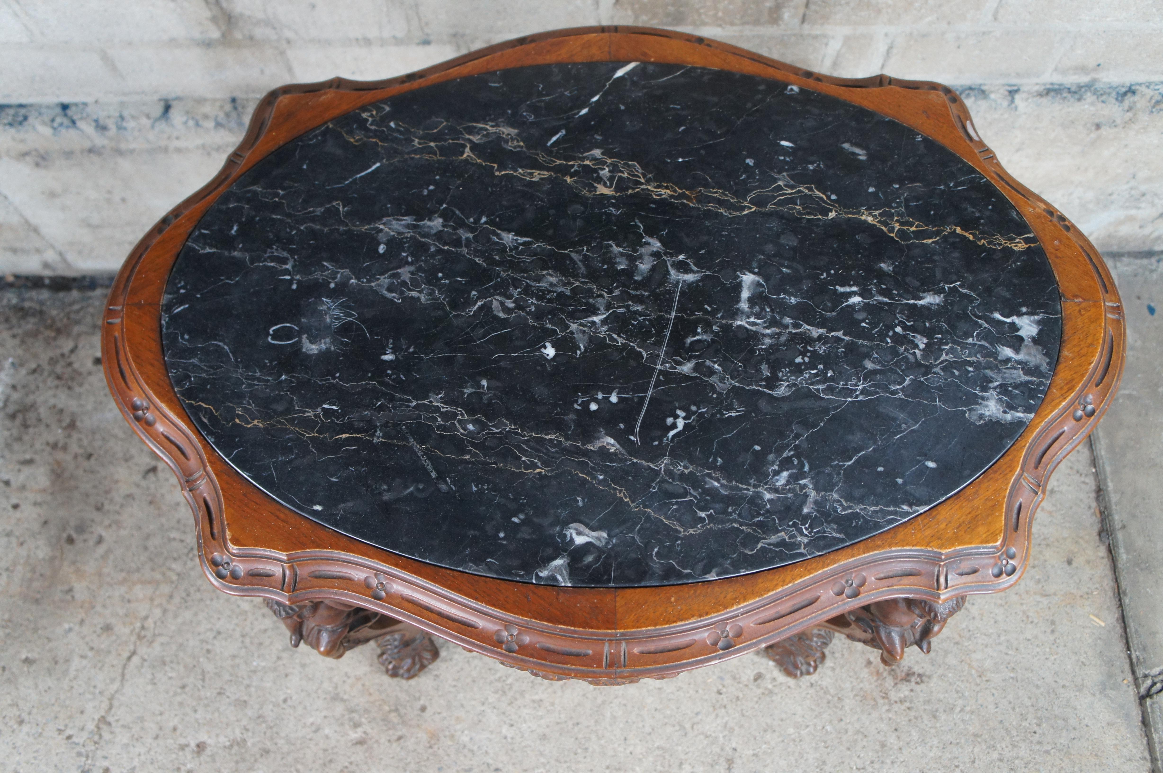 Antique French Louis XVI Style Figural Carved Walnut Marble Top Parlor Table In Good Condition In Dayton, OH