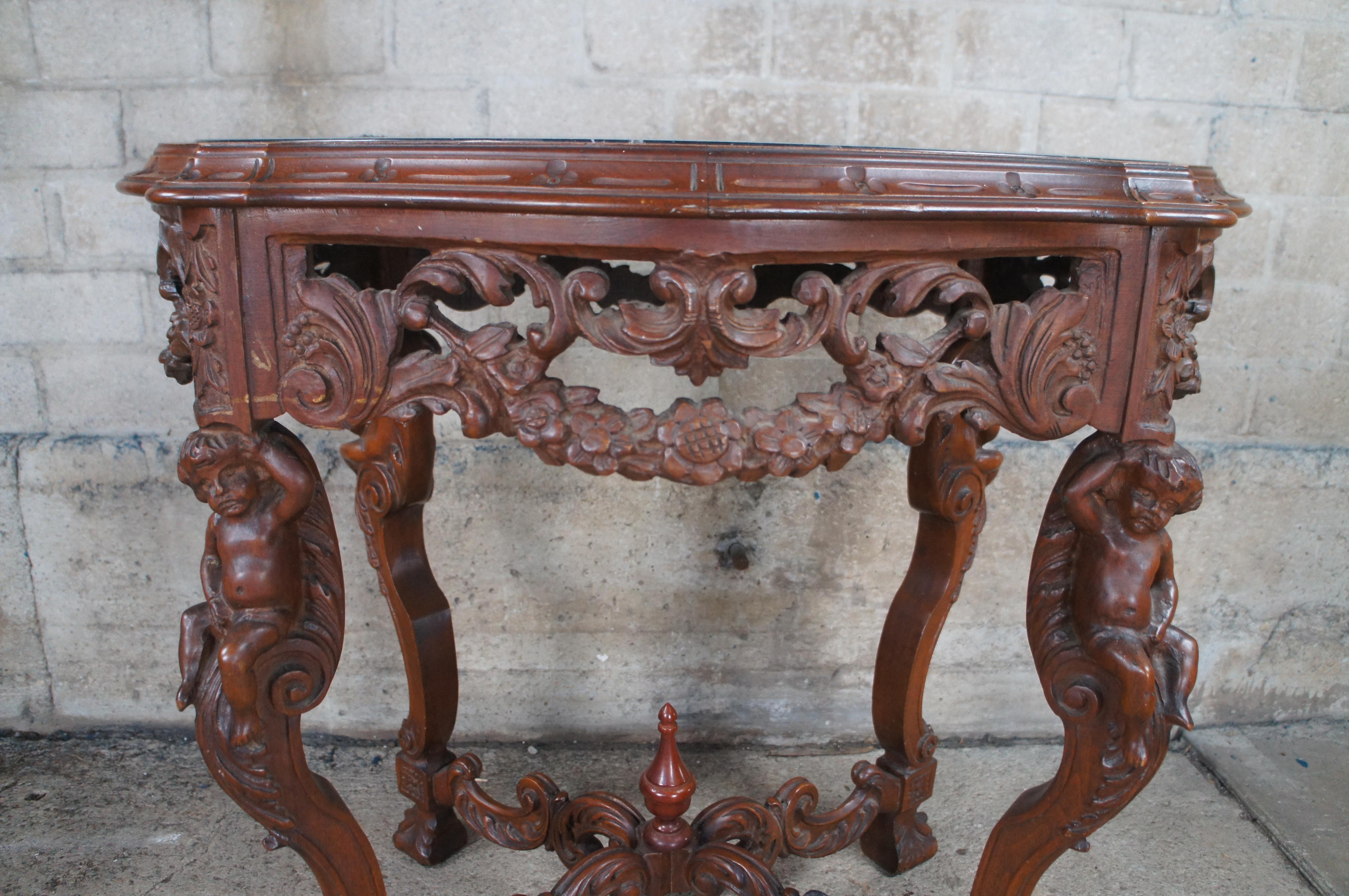 19th Century Antique French Louis XVI Style Figural Carved Walnut Marble Top Parlor Table