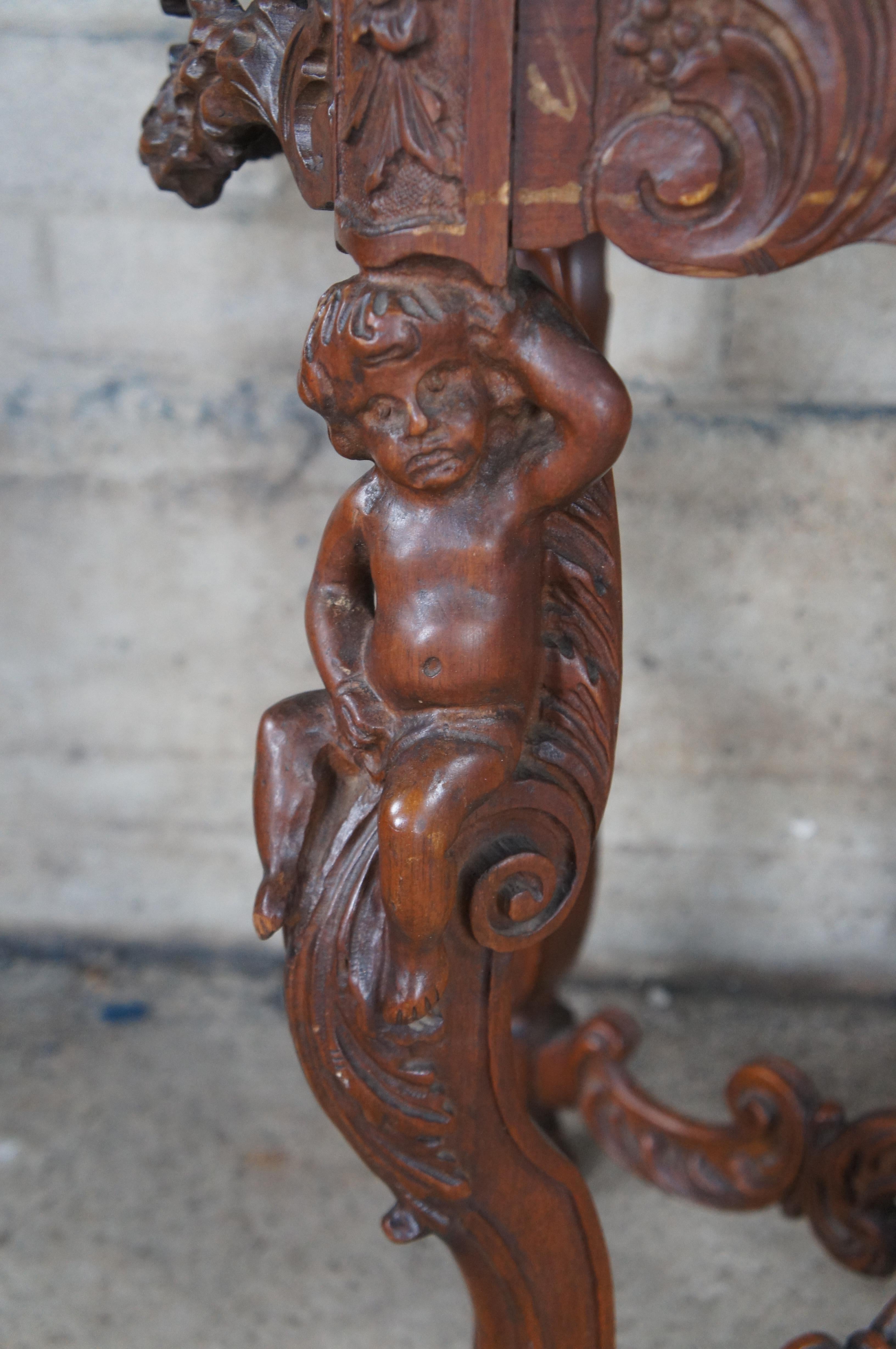 Antique French Louis XVI Style Figural Carved Walnut Marble Top Parlor Table 1