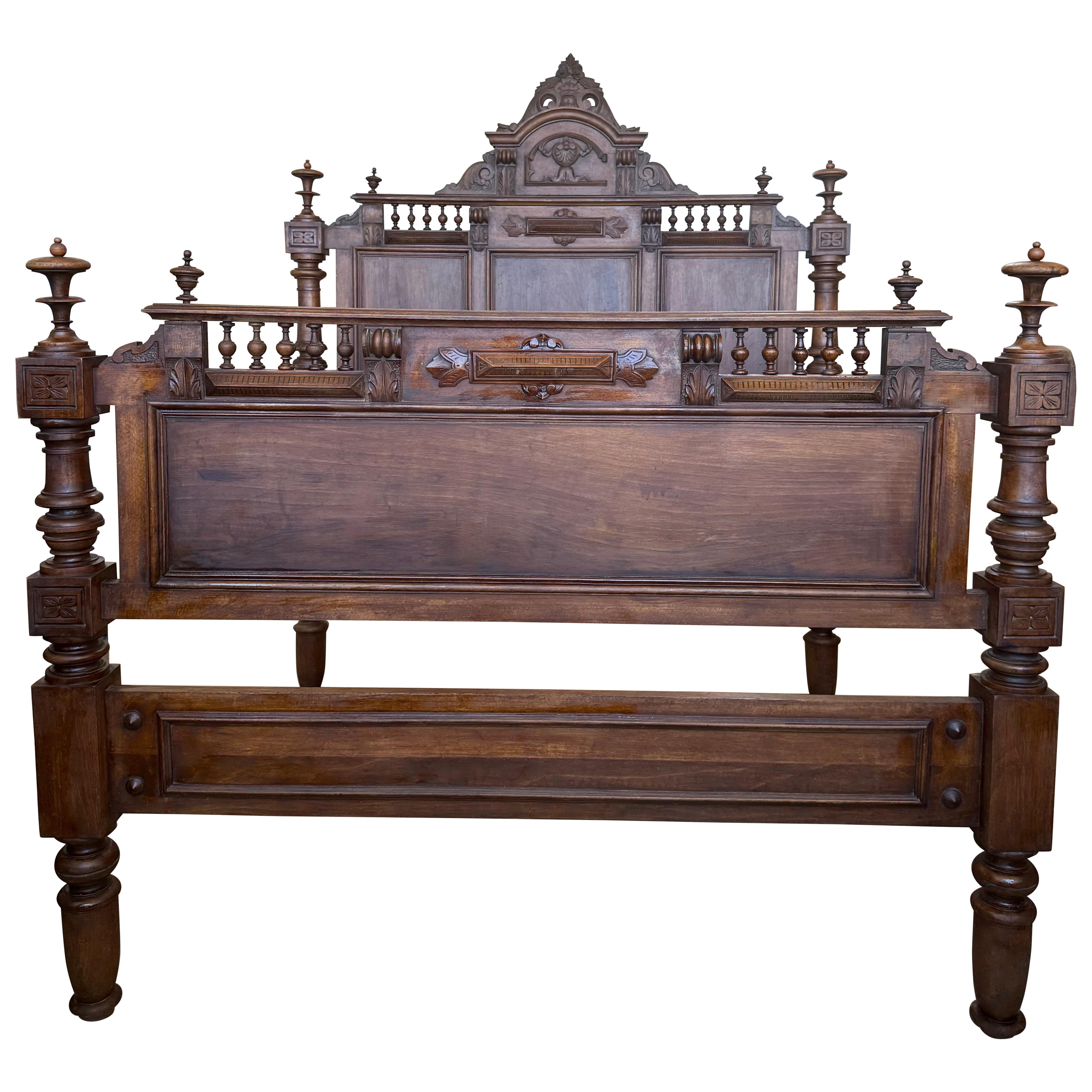 Antique French Louis XVI Full/Queen Size Rosewood Carved Bed Frame Baroque