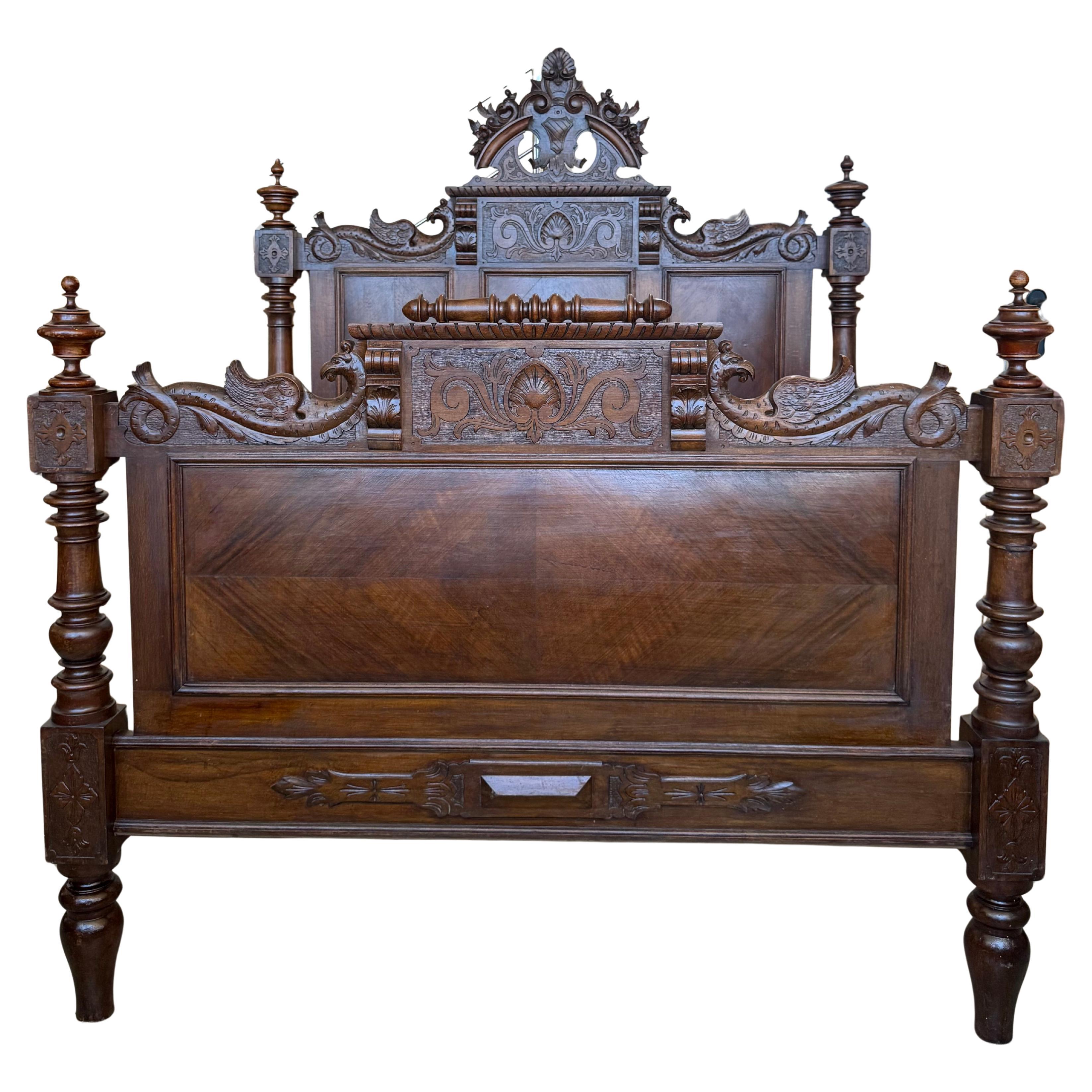 Antique French Louis XVI Style Full/Queen Size Rosewood Carved Bed Frame Baroque