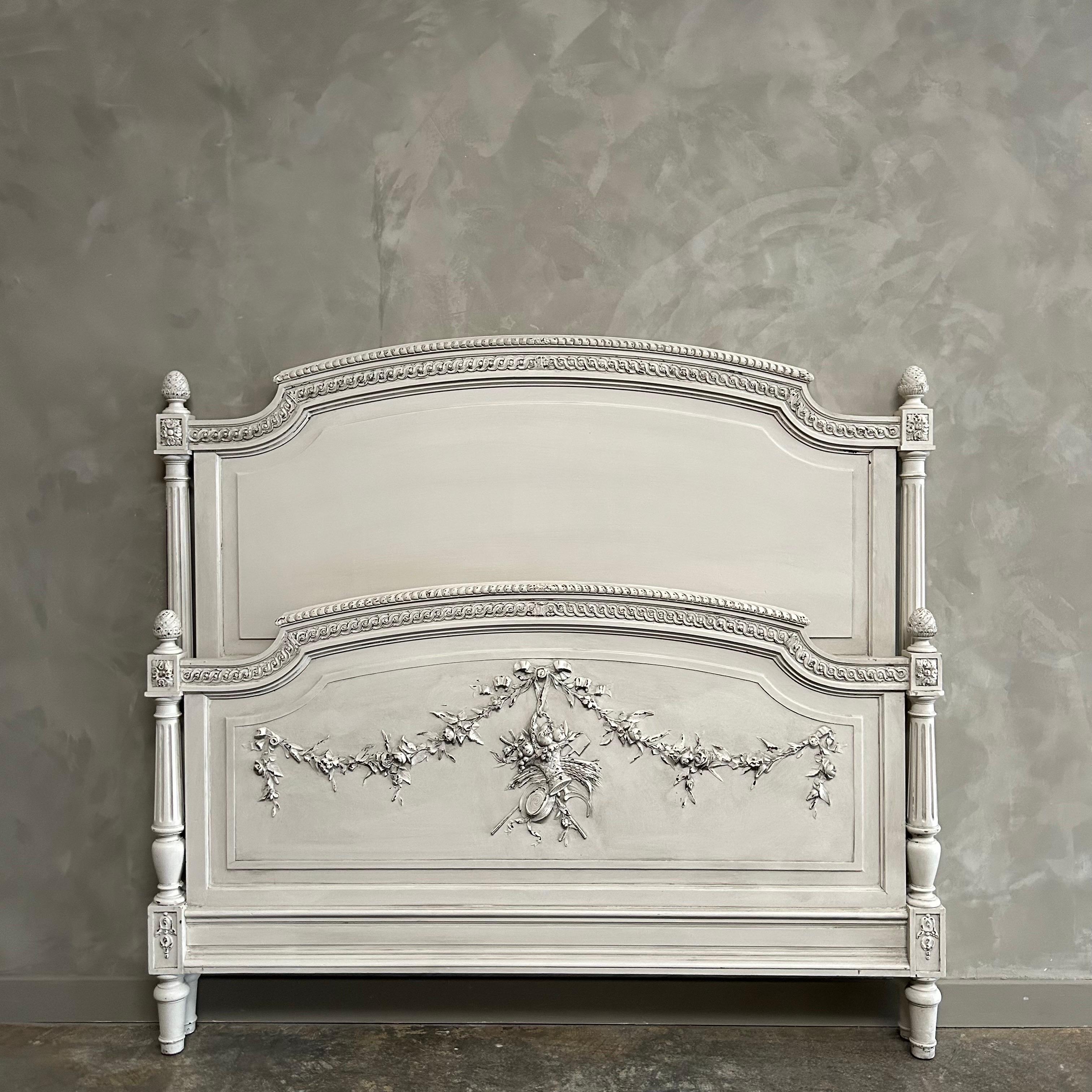 Antique French Louis XVI Style Full Size Bed in White Oyster Painted Finish For Sale 4
