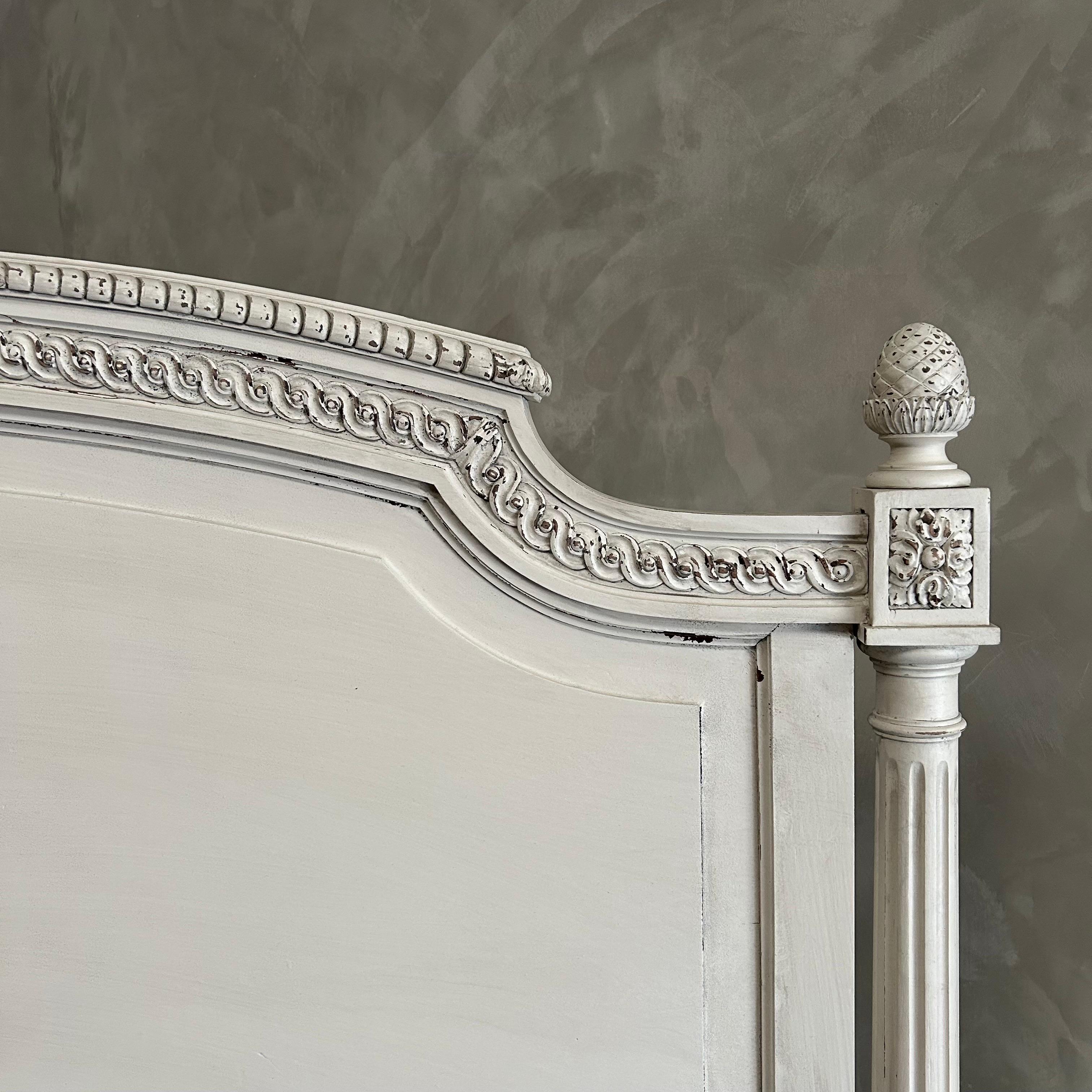 Walnut Antique French Louis XVI Style Full Size Bed in White Oyster Painted Finish For Sale