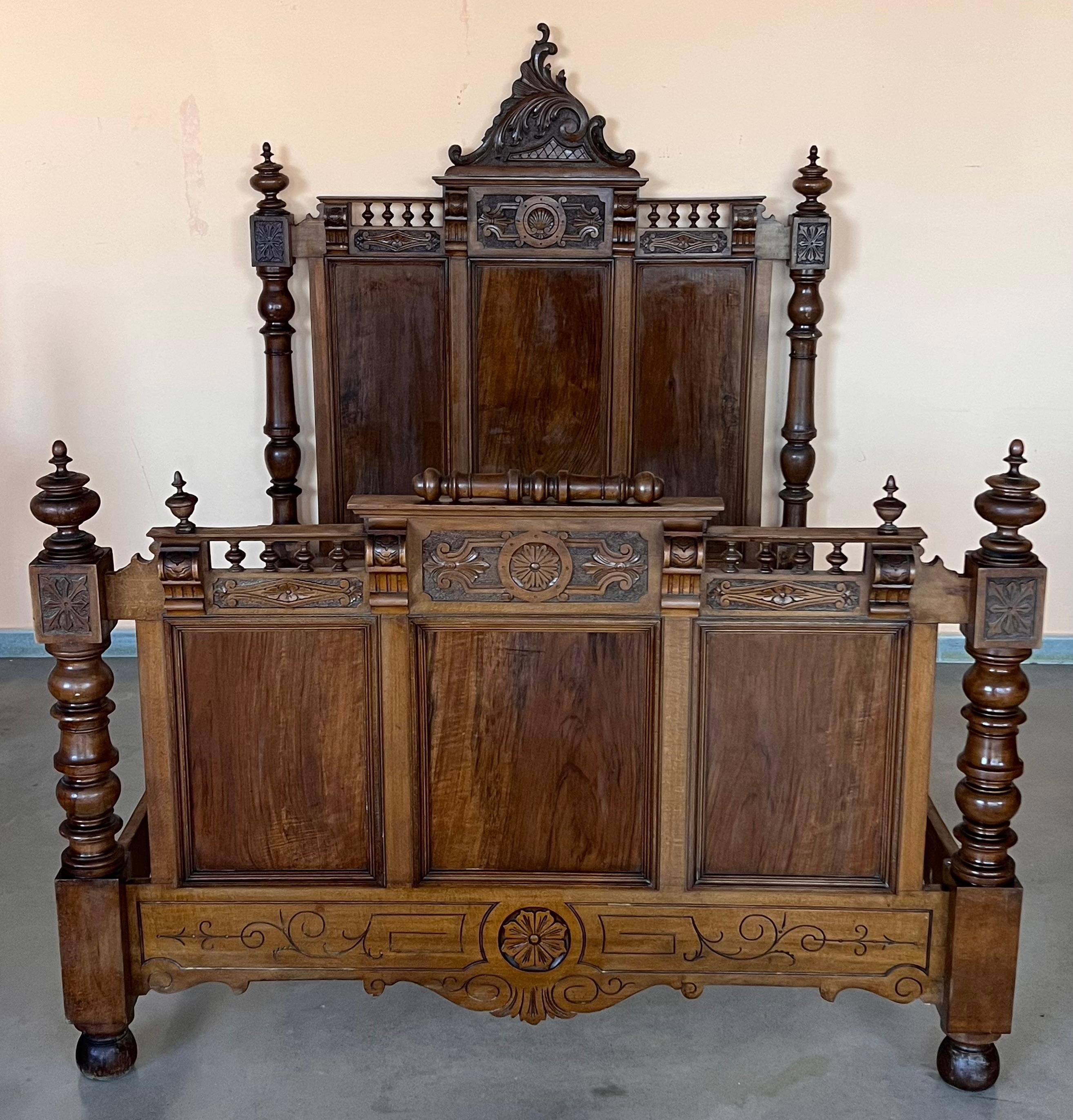 20th Century Antique French Louis XVI Style Full Size Rosewood Carved Bed Frame Baroque For Sale
