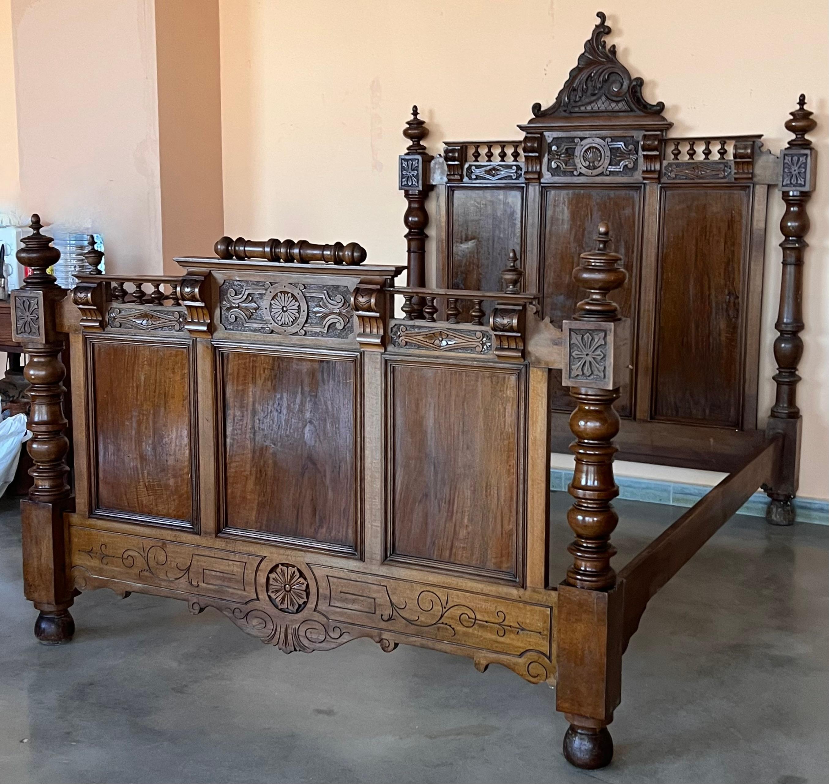 Walnut Antique French Louis XVI Style Full Size Rosewood Carved Bed Frame Baroque For Sale