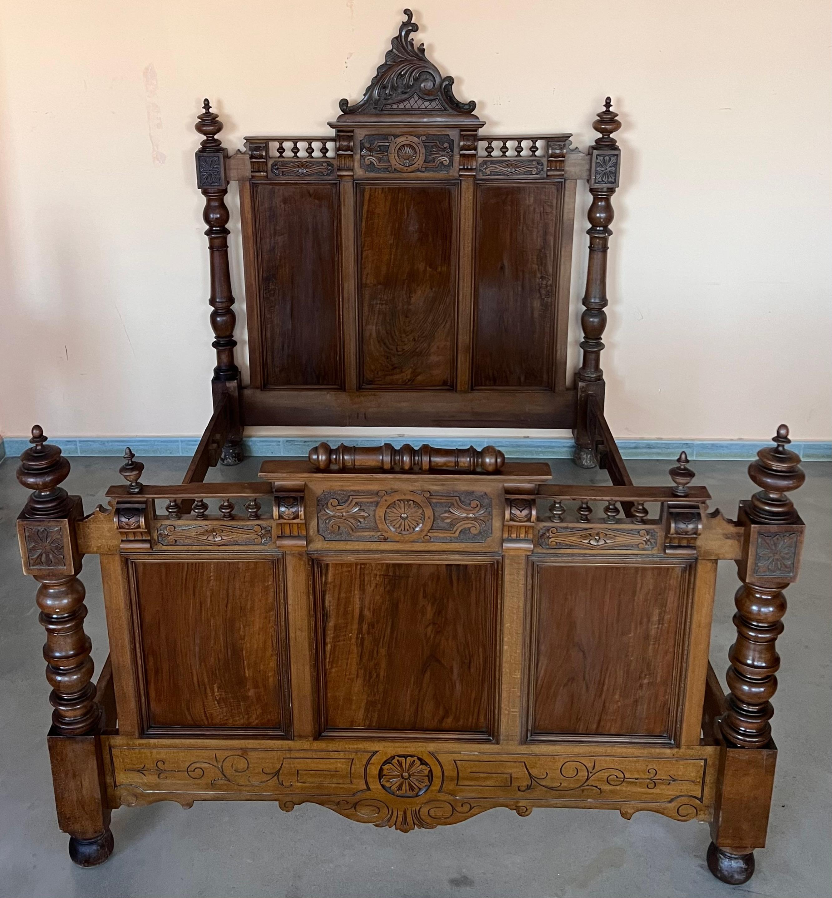 Antique French Louis XVI Style Full Size Rosewood Carved Bed Frame Baroque For Sale 4