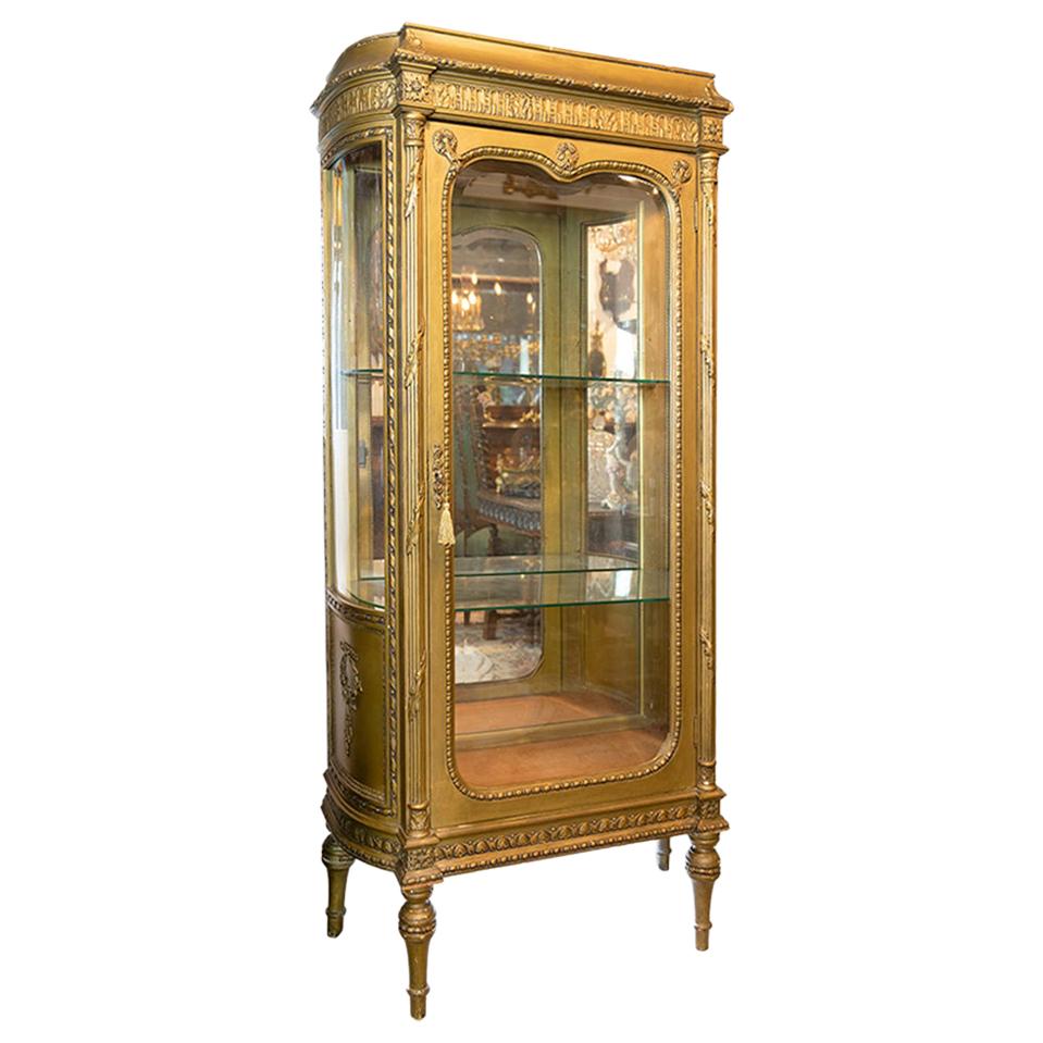 Antique French Louis XVI Style Gilded Vitrine / Display Cabinet For Sale