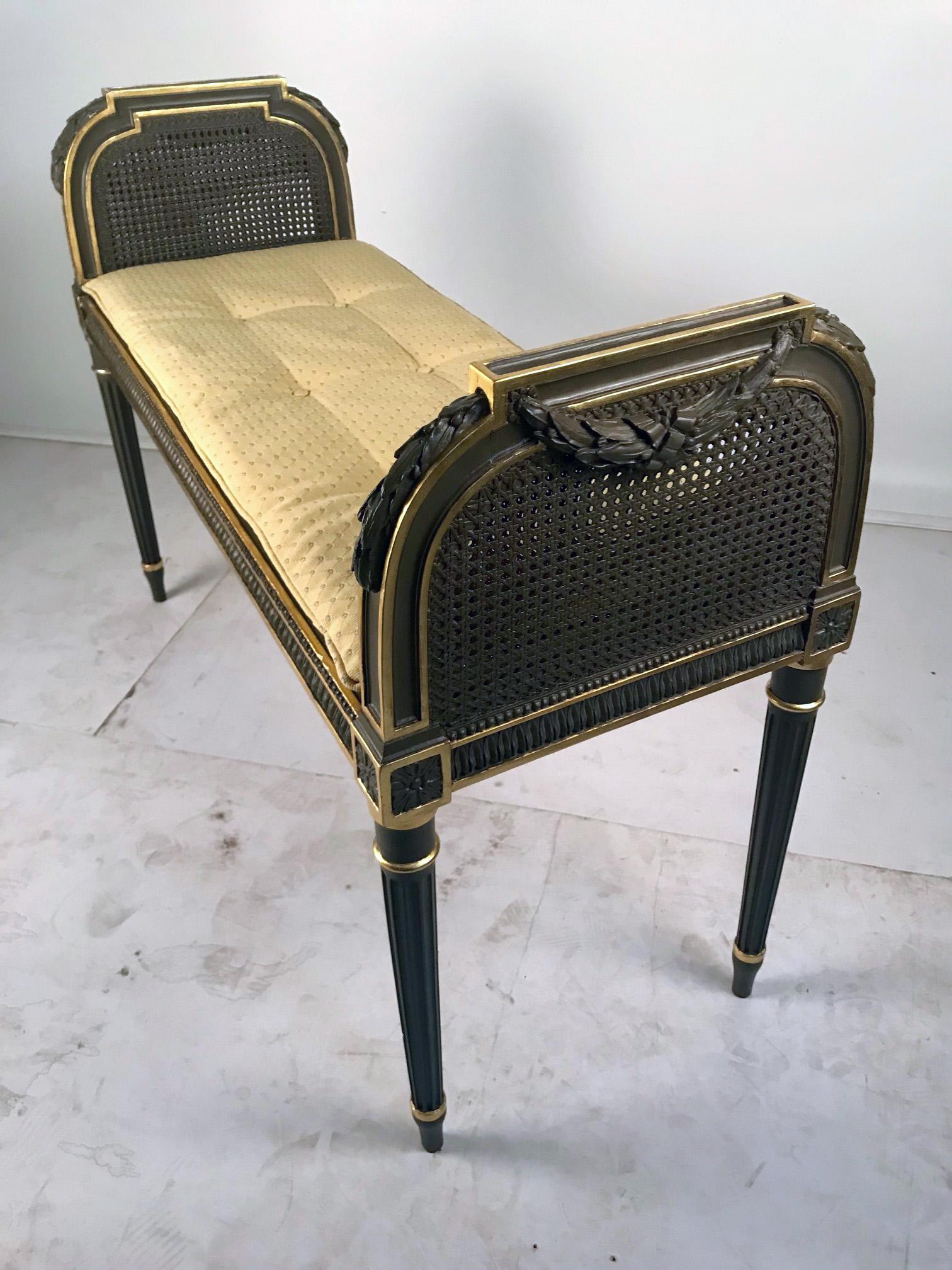 Hand-Crafted Antique French Louis XVI Style Gilt And Painted Bench For Sale