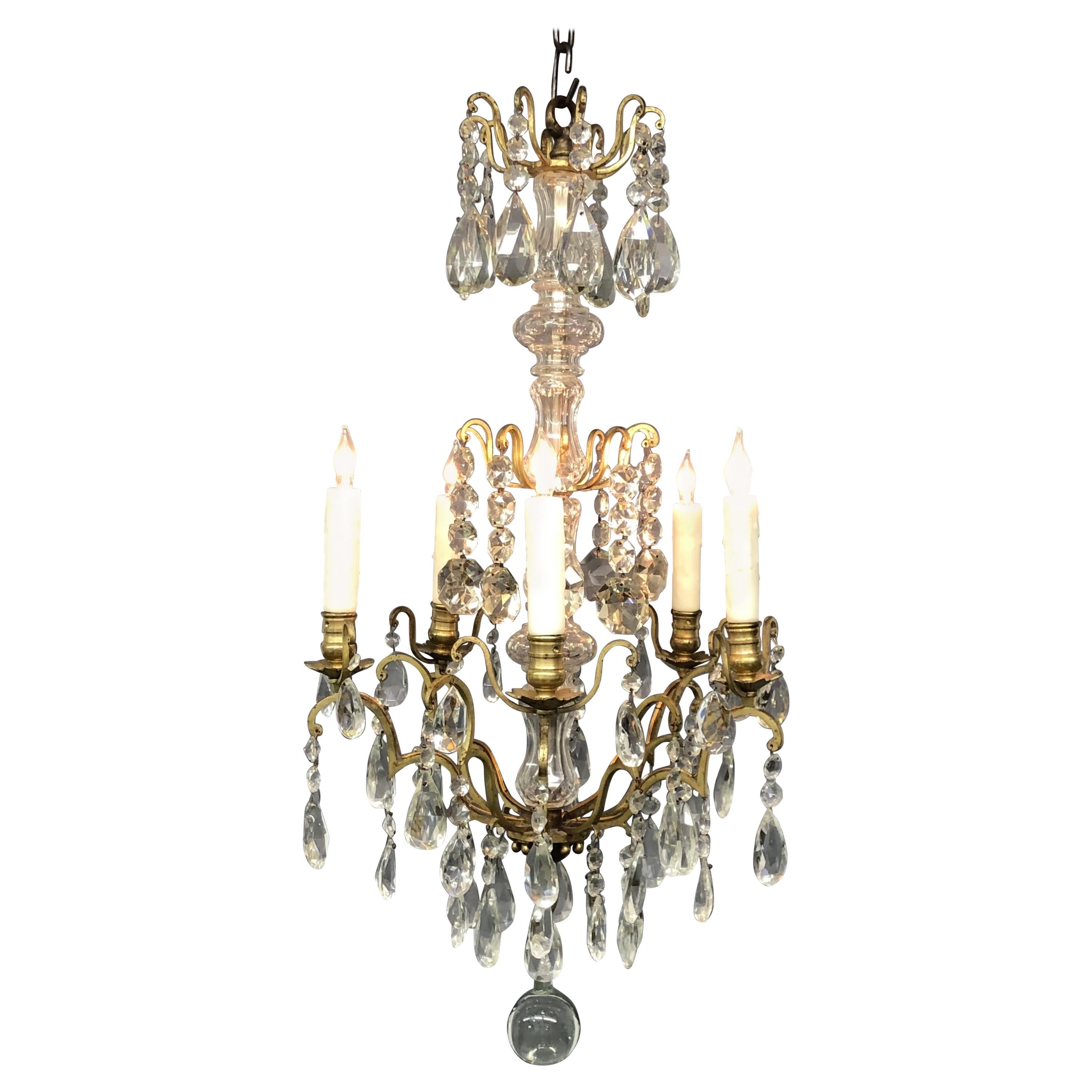 Antique French Louis XVI Style Gilt Bronze and Crystal 5-Arm Chandelier