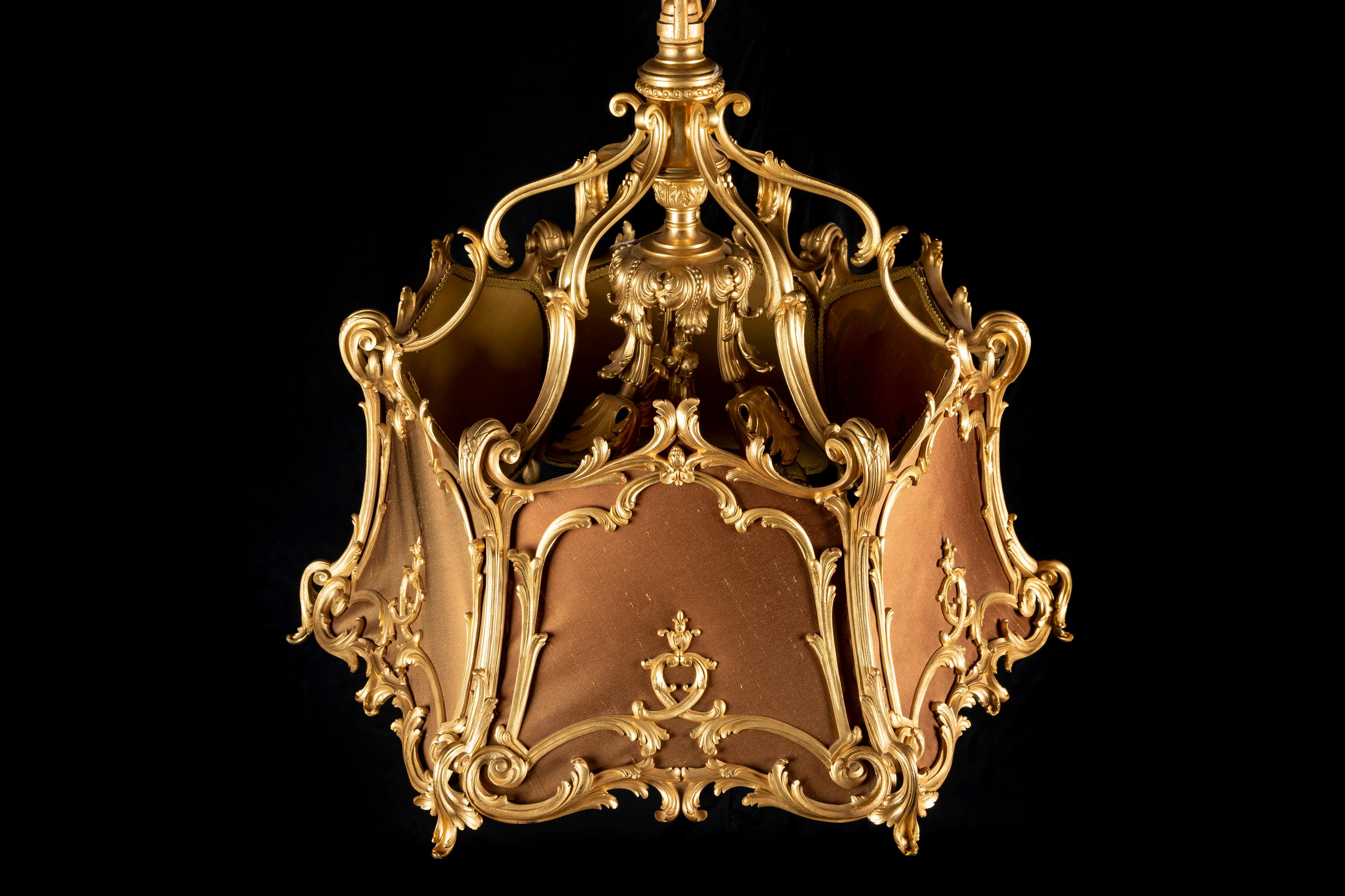 Hand-Crafted Antique French Louis XVI Style GIlt Bronze and Silk Multi Light Chandelier 