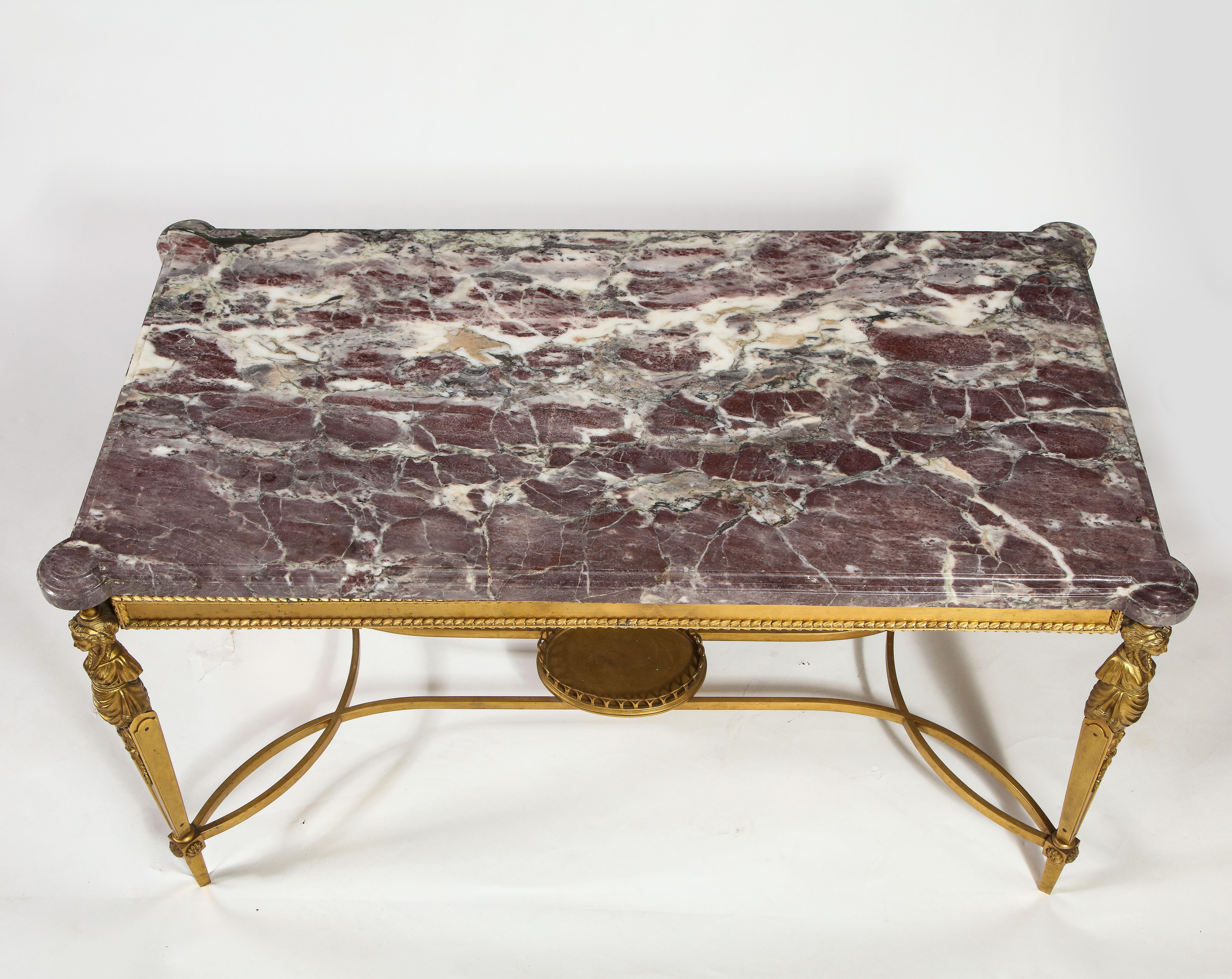 Antique French Louis XVI Style Gilt Bronze Figural Marble Top Coffee Table For Sale 9