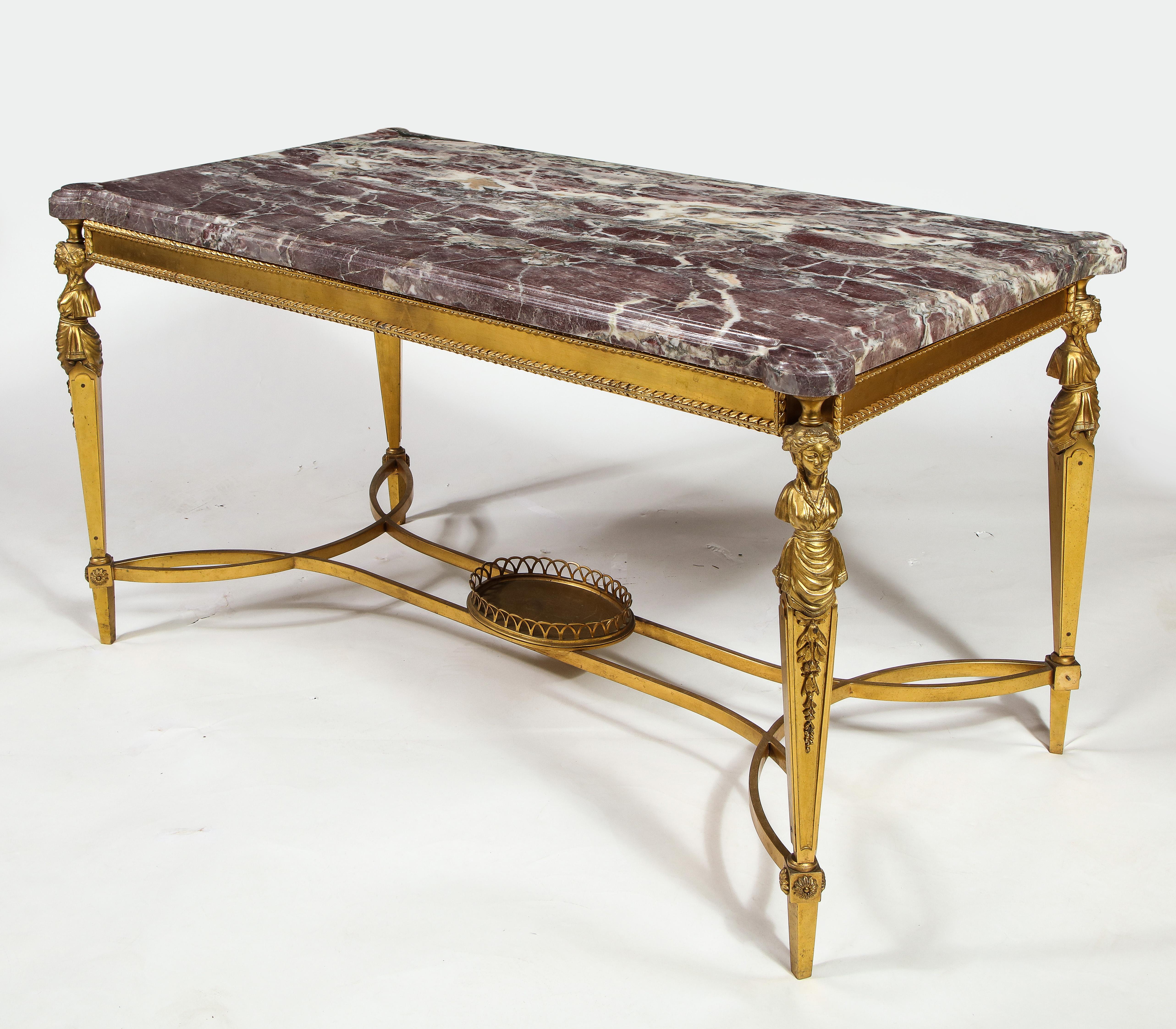 Antique French Louis XVI Style Gilt Bronze Figural Marble Top Coffee Table In Good Condition For Sale In New York, NY