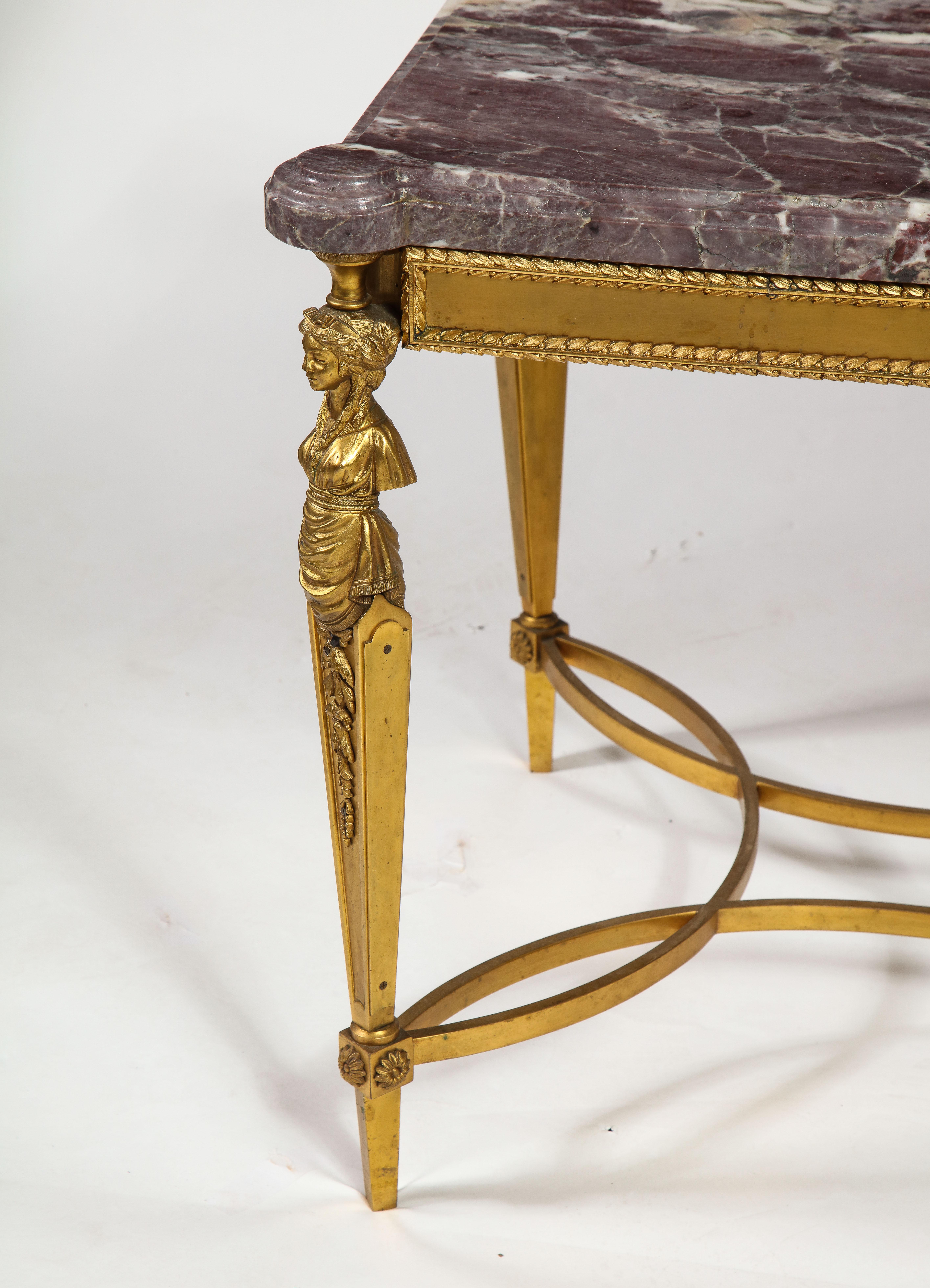 Antique French Louis XVI Style Gilt Bronze Figural Marble Top Coffee Table For Sale 1