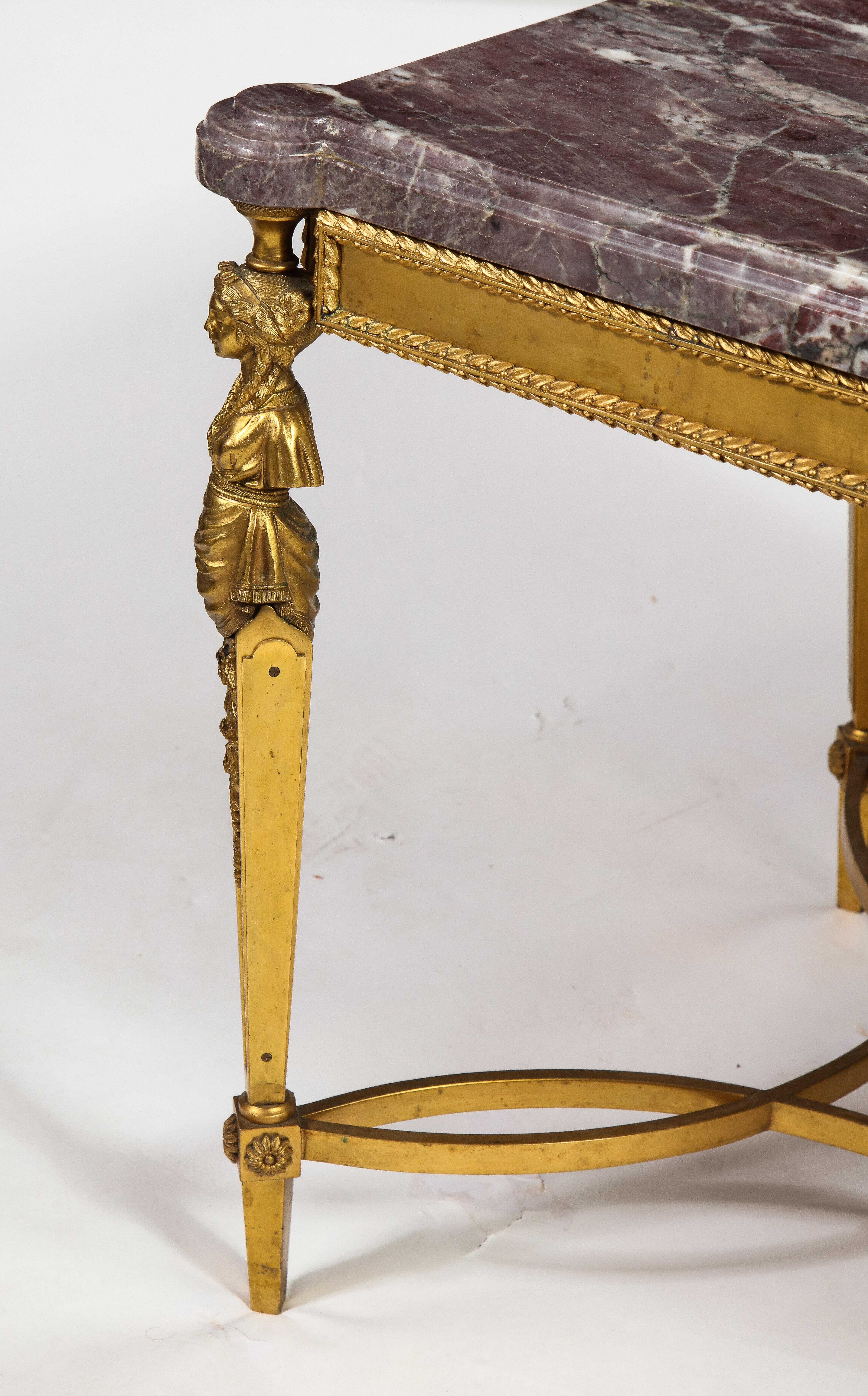 Antique French Louis XVI Style Gilt Bronze Figural Marble Top Coffee Table For Sale 2