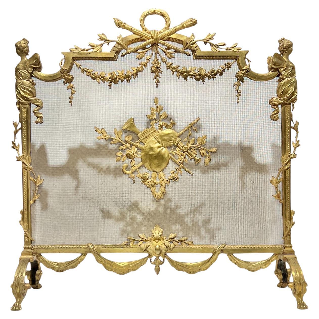 Antique French Louis XVI Style Gilt Bronze Firescreen