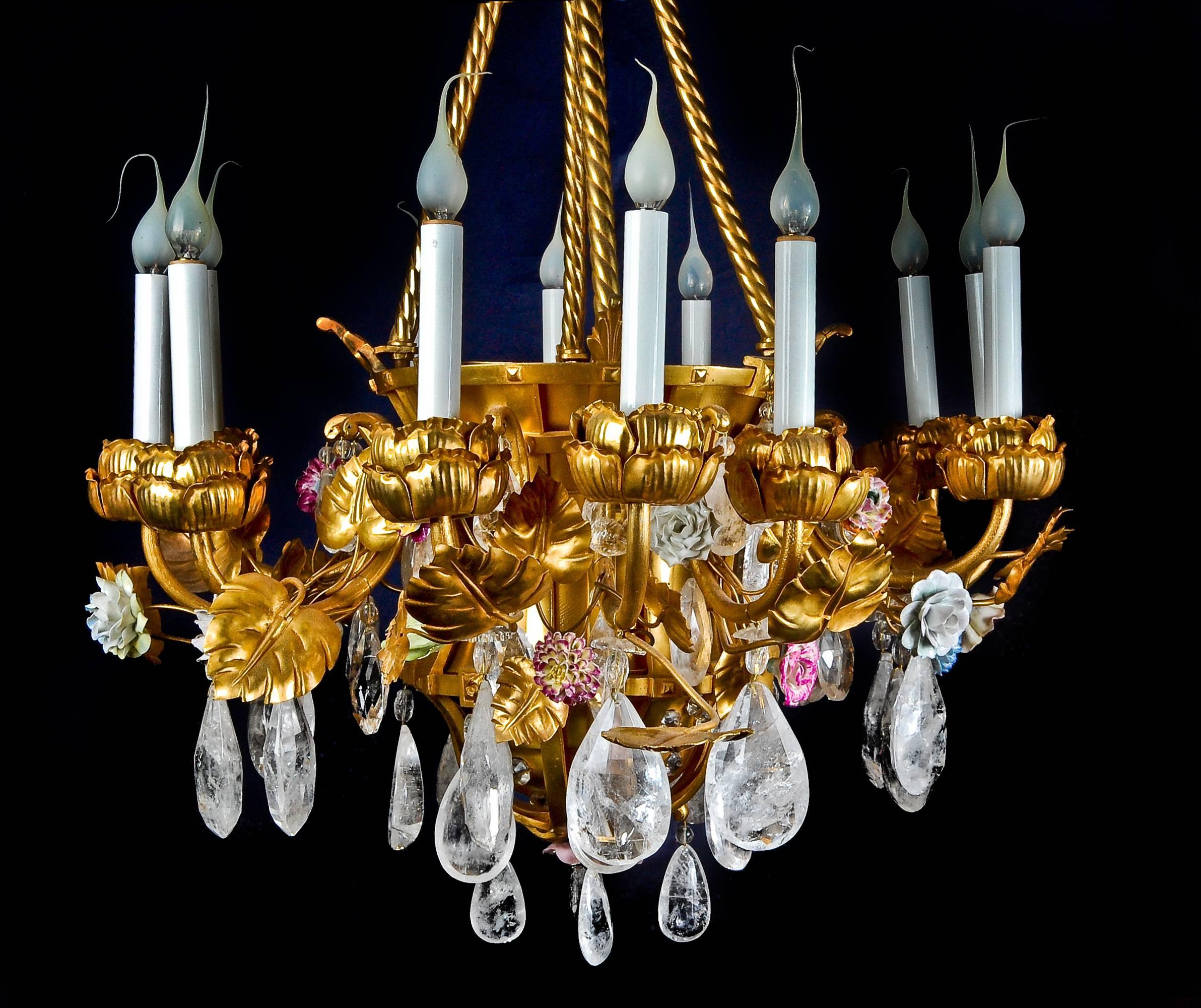 Antique French Louis XVI Style Gilt Bronze Porcelain and Rock Crystal Chandelier In Good Condition For Sale In New York, NY