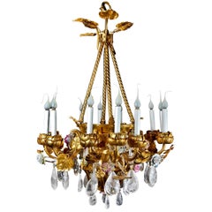 Antique French Louis XVI Style Gilt Bronze Porcelain and Rock Crystal Chandelier
