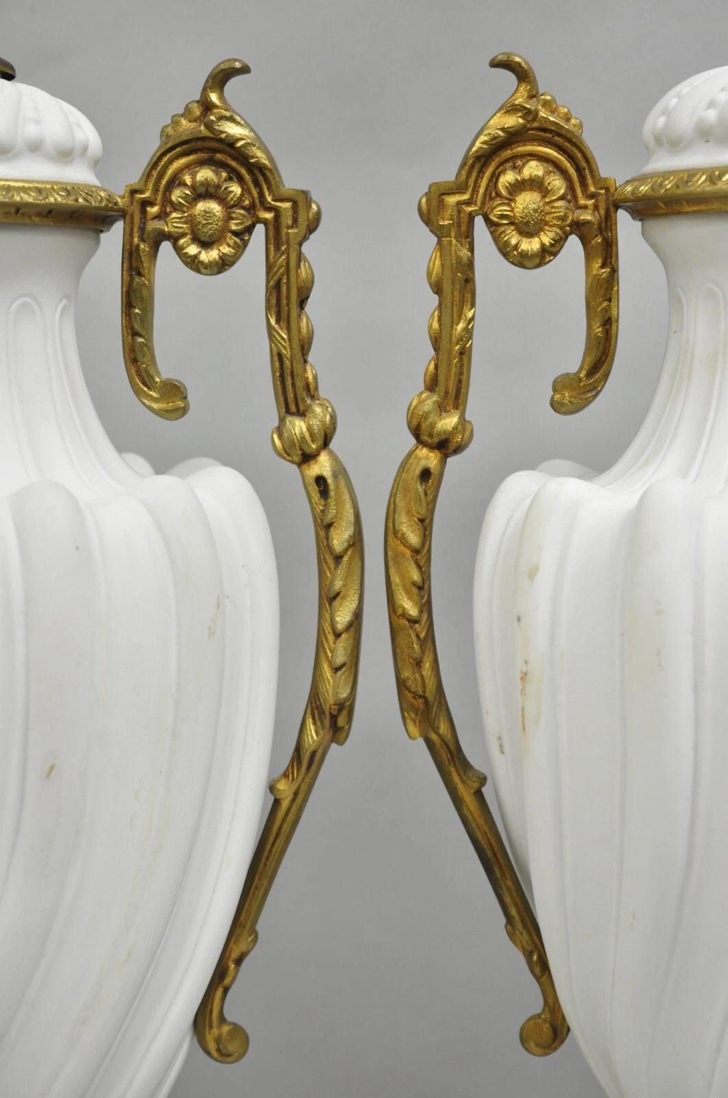 Sconosciuto Antique French Louis XVI Style Porcelain Gilt Bronze Urn Table Lamps - a Pair in vendita