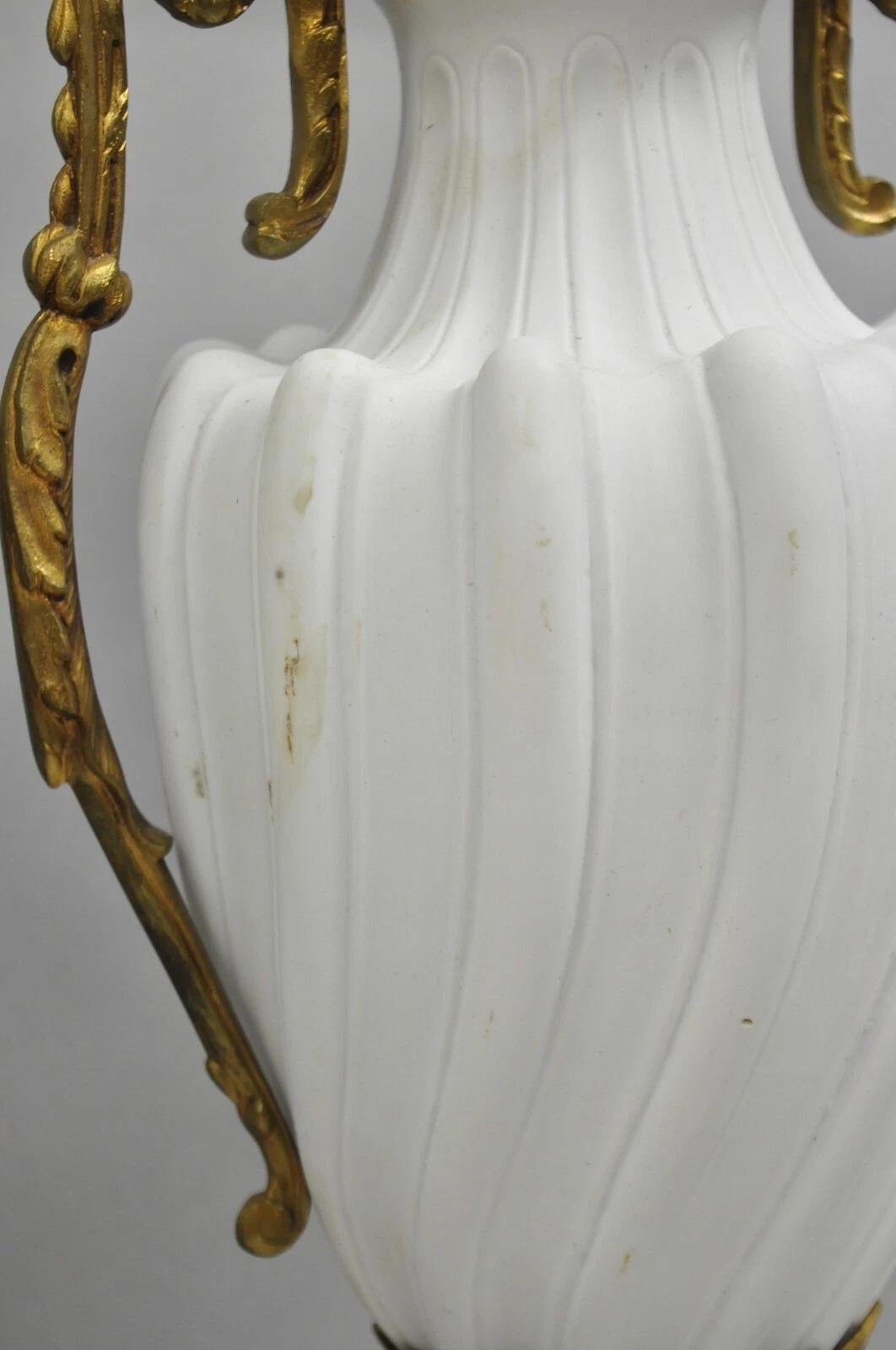 XX secolo Antique French Louis XVI Style Porcelain Gilt Bronze Urn Table Lamps - a Pair in vendita