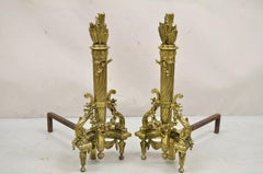 Antique French Louis XVI Style Gilt Bronze Quivers & Arrow Tall Andirons - Pair