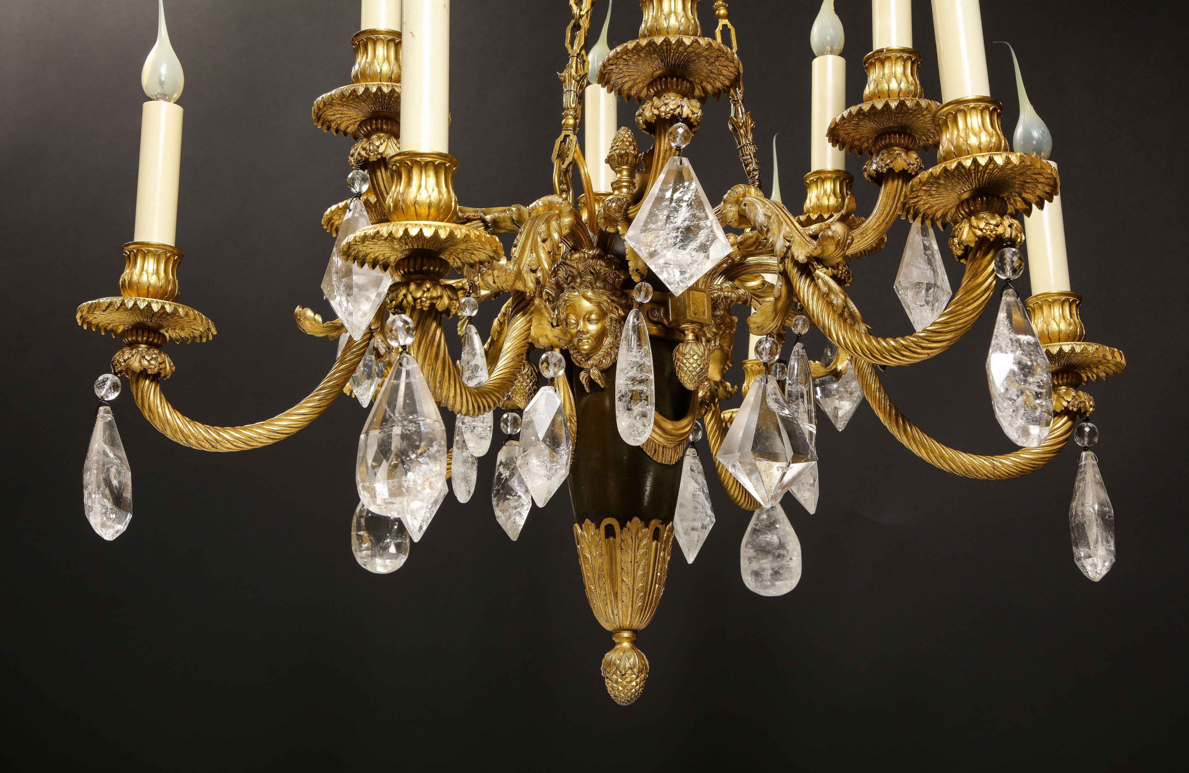 Lustre ancien en cristal de roche de style Louis XVI en bronze patiné et doré en vente 7
