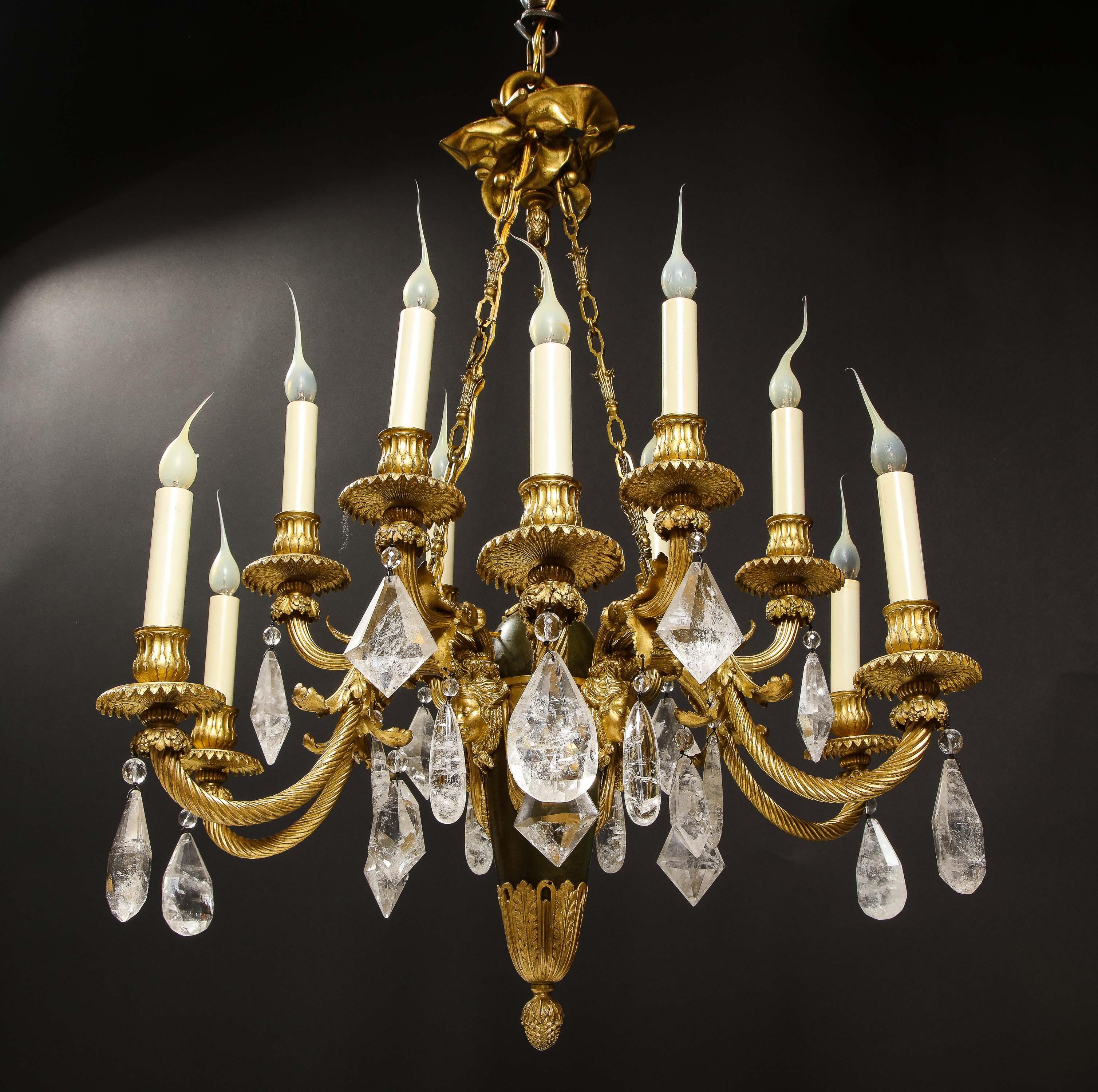 Lustre ancien en cristal de roche de style Louis XVI en bronze patiné et doré en vente 8