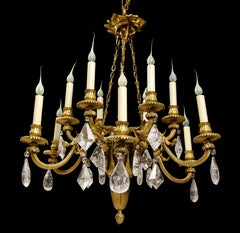 Antique French Louis XVI Style Lampadario di cristallo di rocca in bronzo dorato e patinato