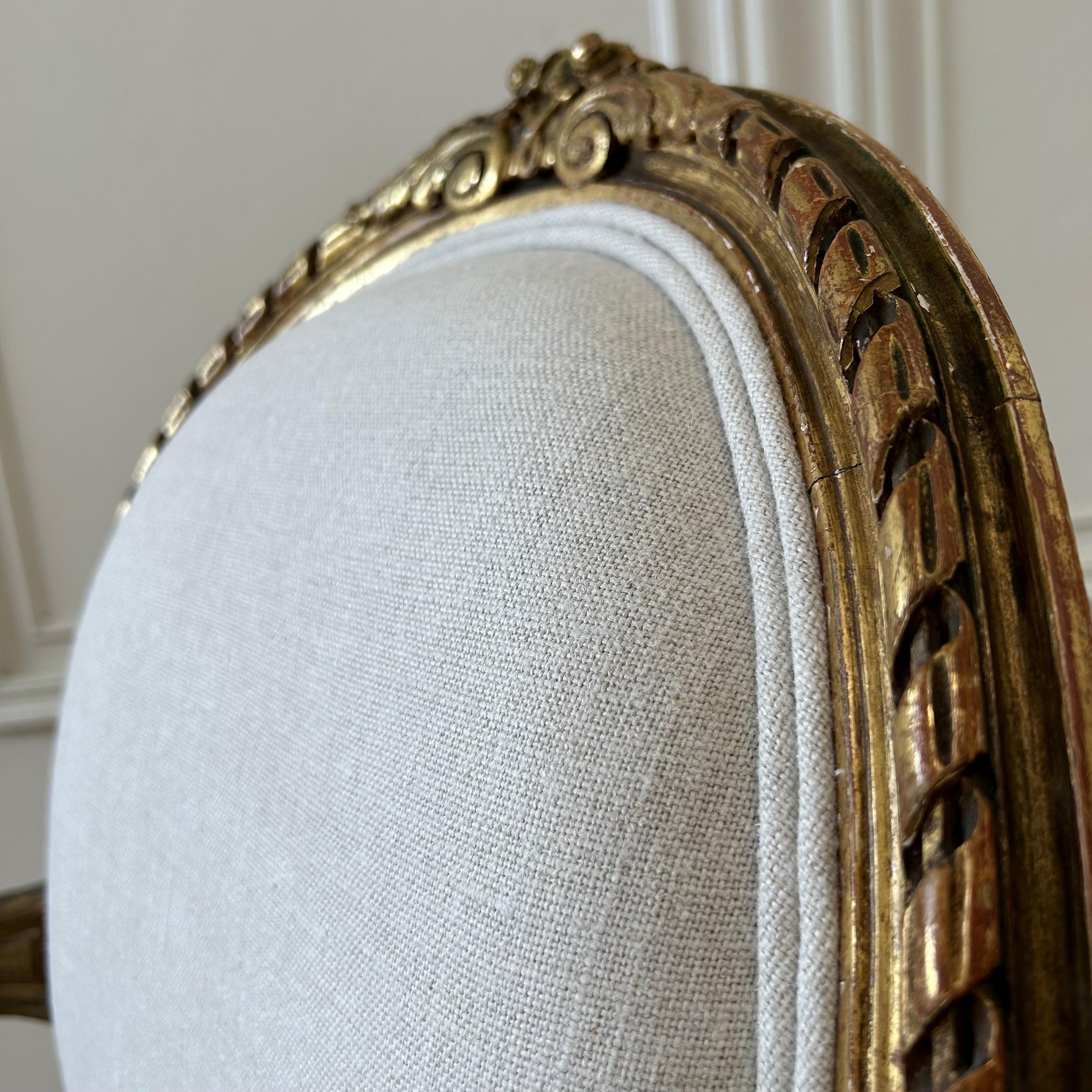 Antique French Louis XVI Style Gilt Wood Upholstered Linen Arm Chairs For Sale 7