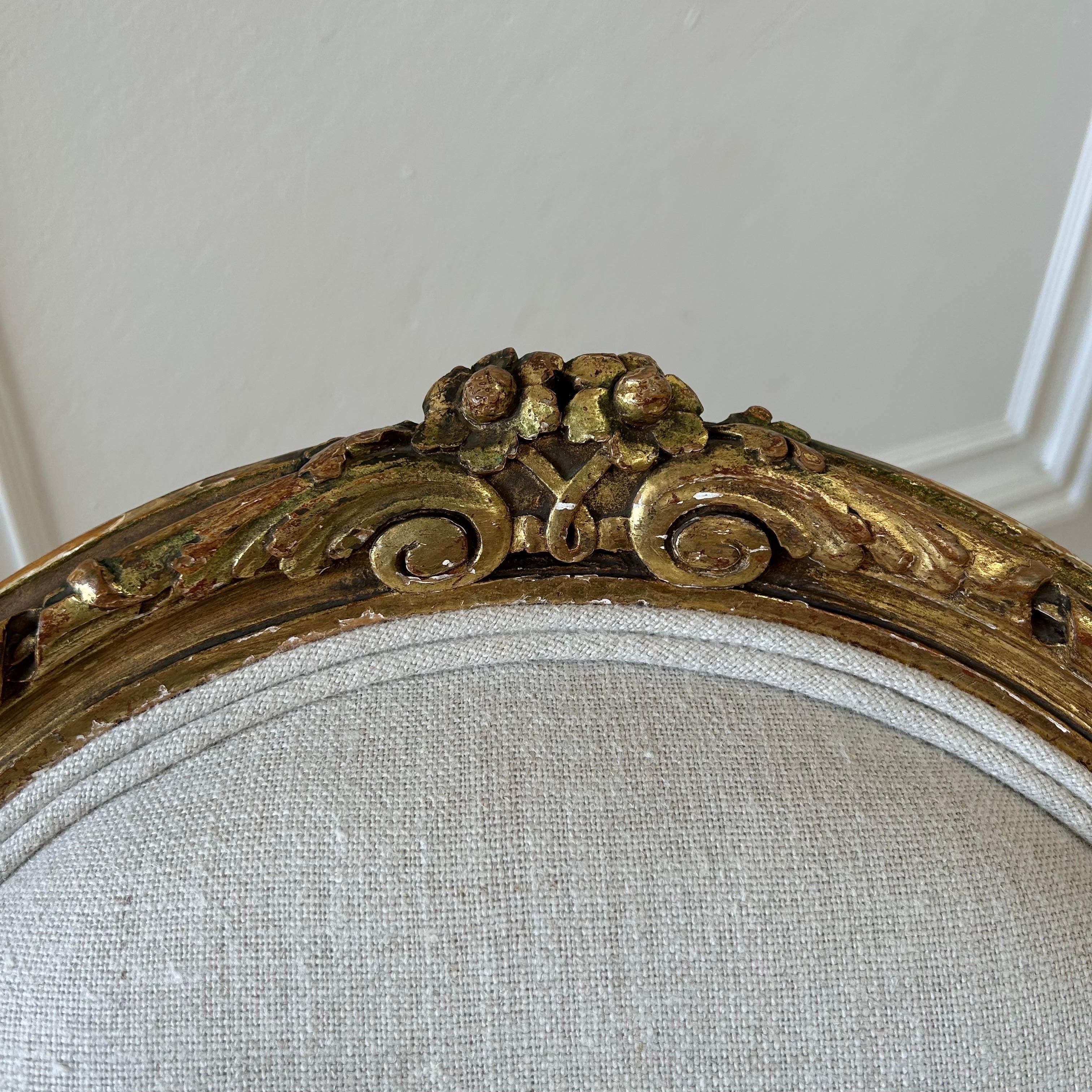 Antique French Louis XVI Style Gilt Wood Upholstered Linen Arm Chairs For Sale 3