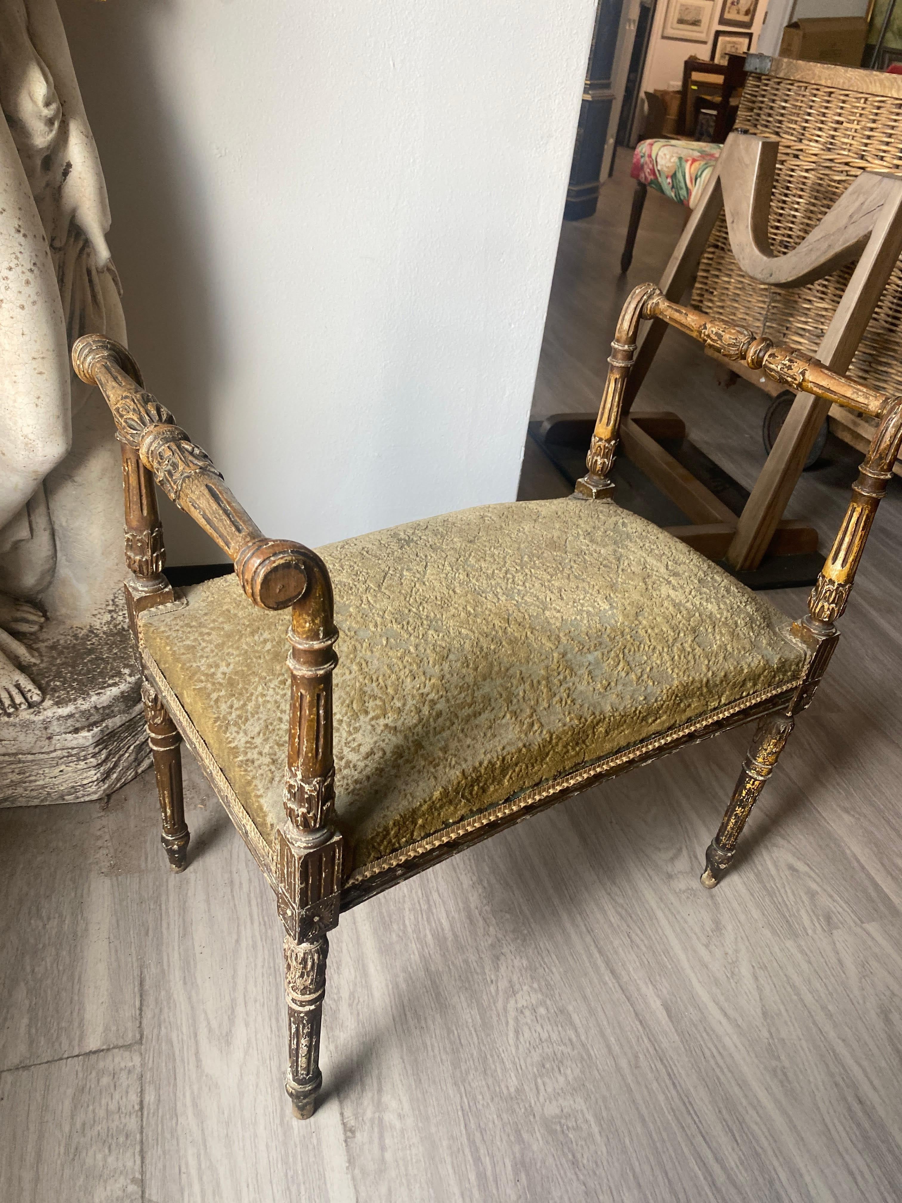 Antique French Louis XVI Style Giltwood and Green Mohair Bench In Good Condition In Sheridan, CO