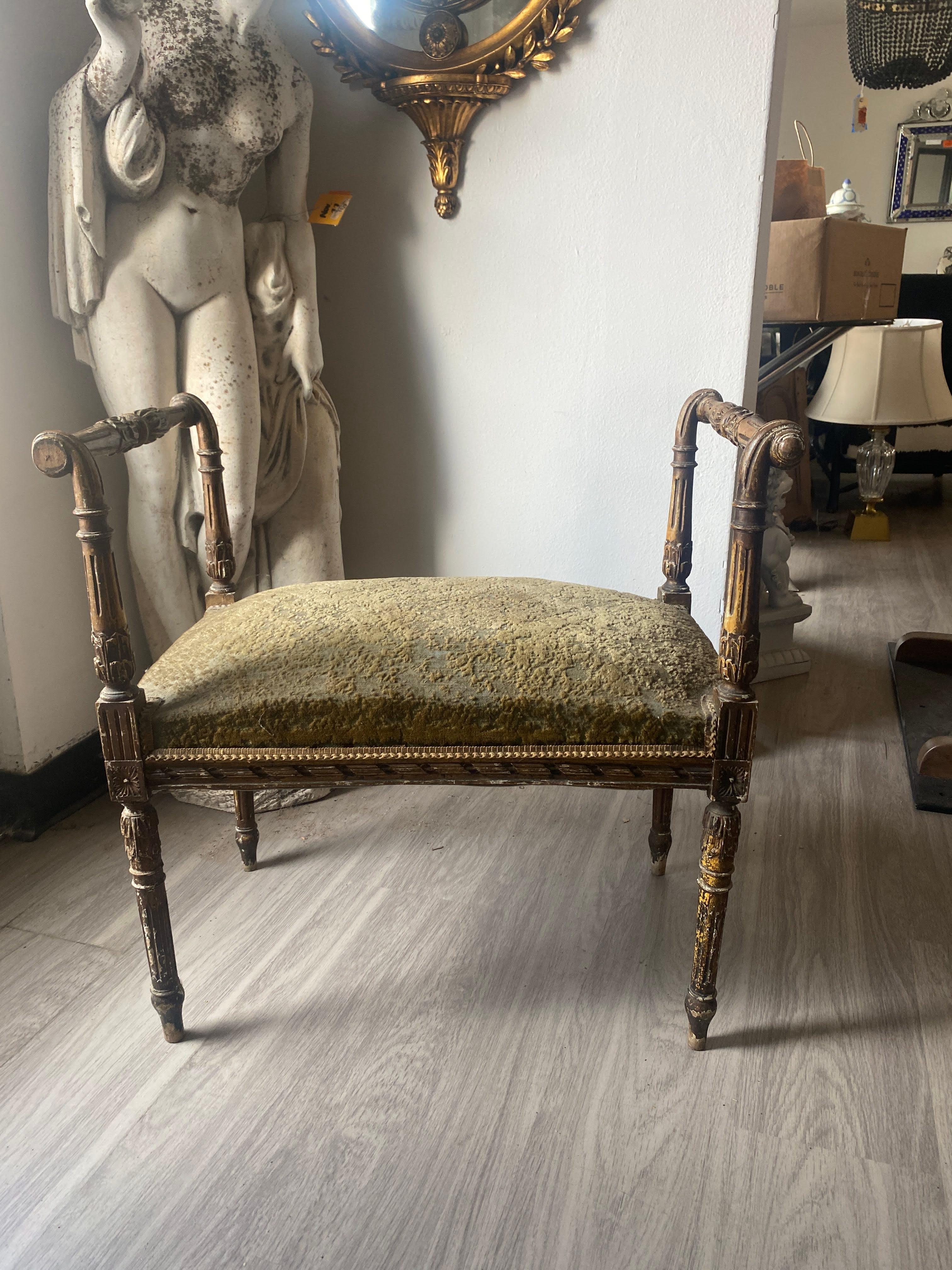 19th Century Antique French Louis XVI Style Giltwood and Green Mohair Bench
