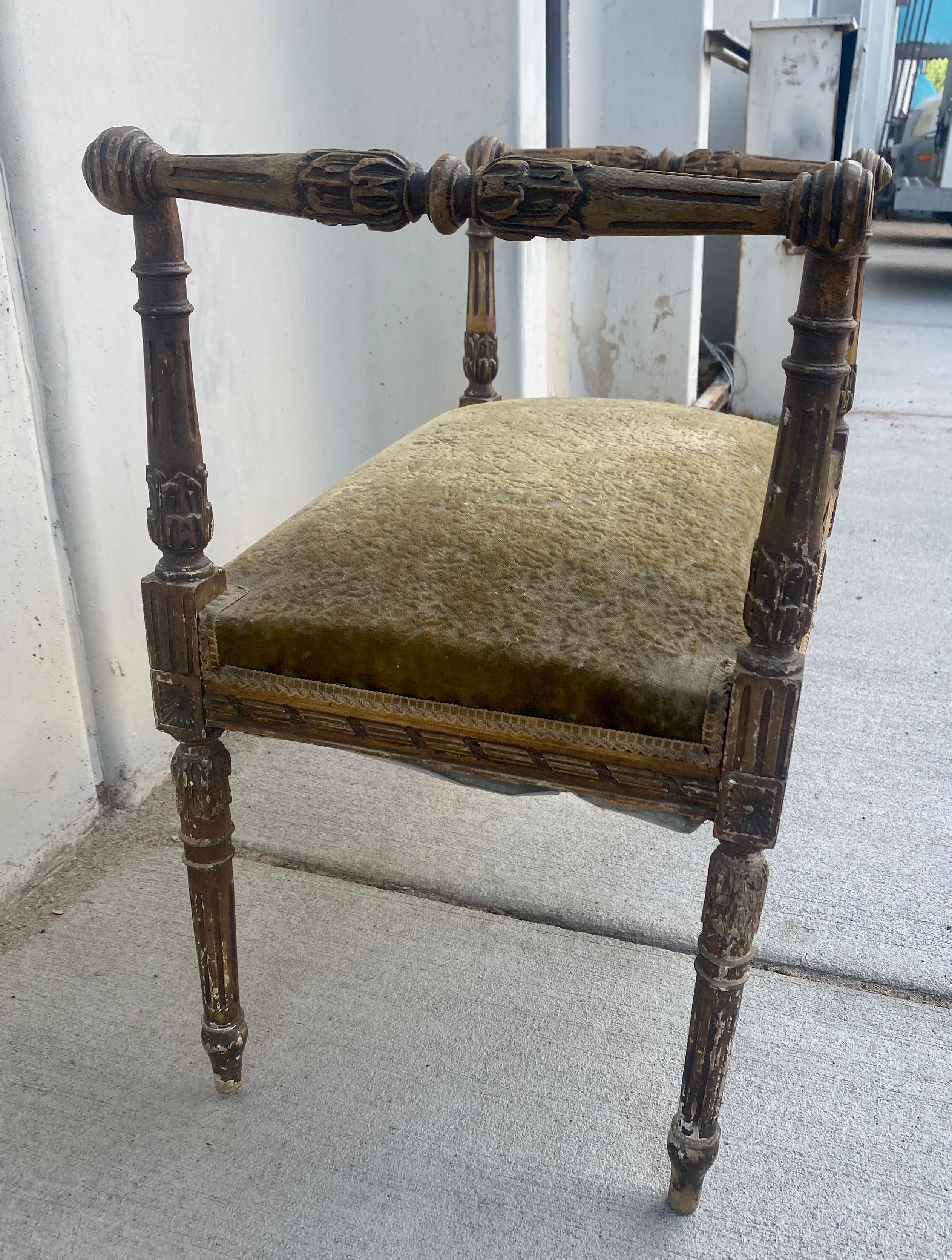 Antique French Louis XVI Style Giltwood and Green Mohair Bench 2