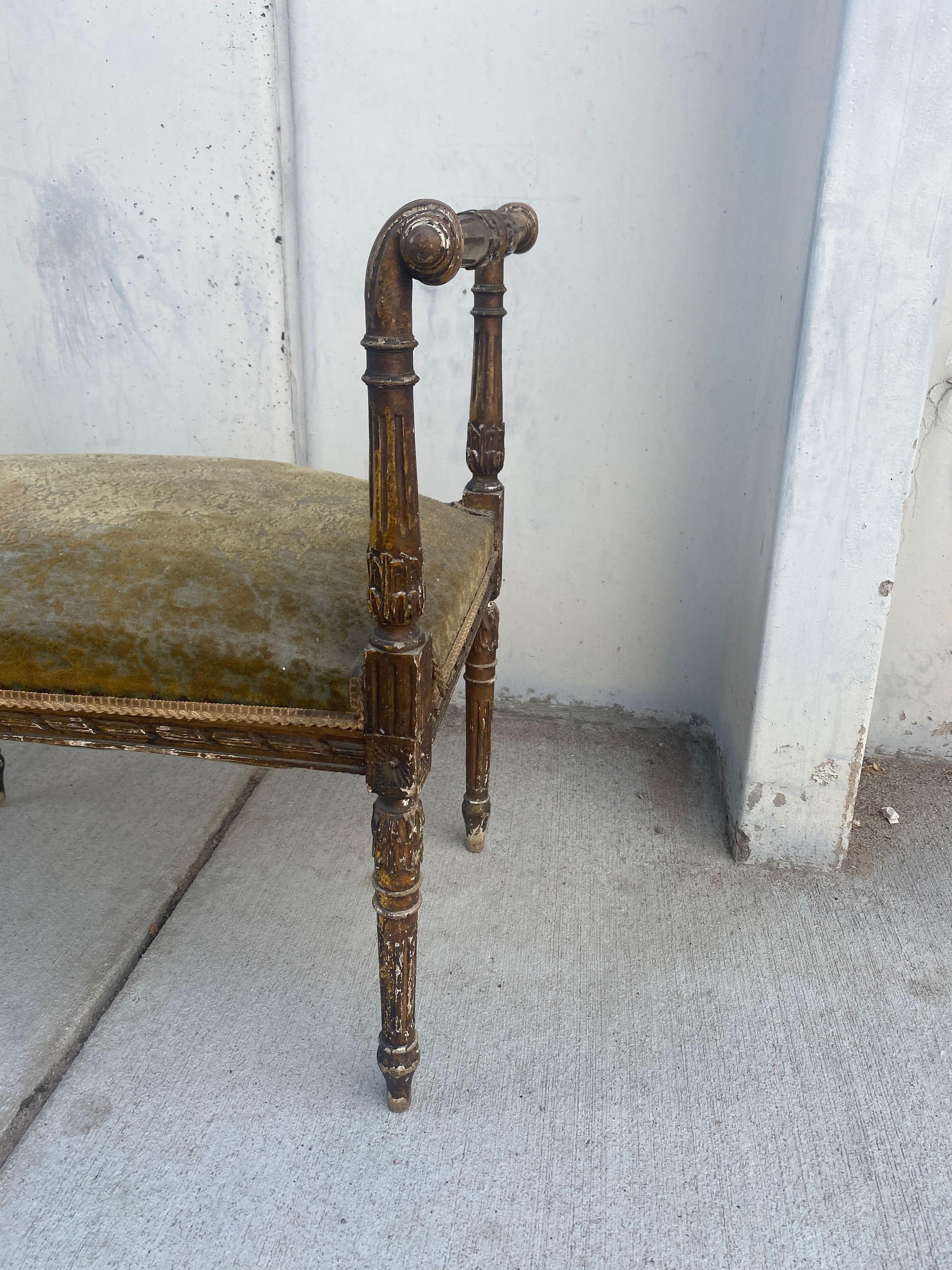 Antique French Louis XVI Style Giltwood and Green Mohair Bench 3