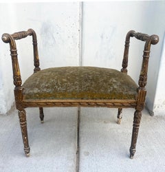 Antique French Louis XVI Style Giltwood and Green Mohair Bench