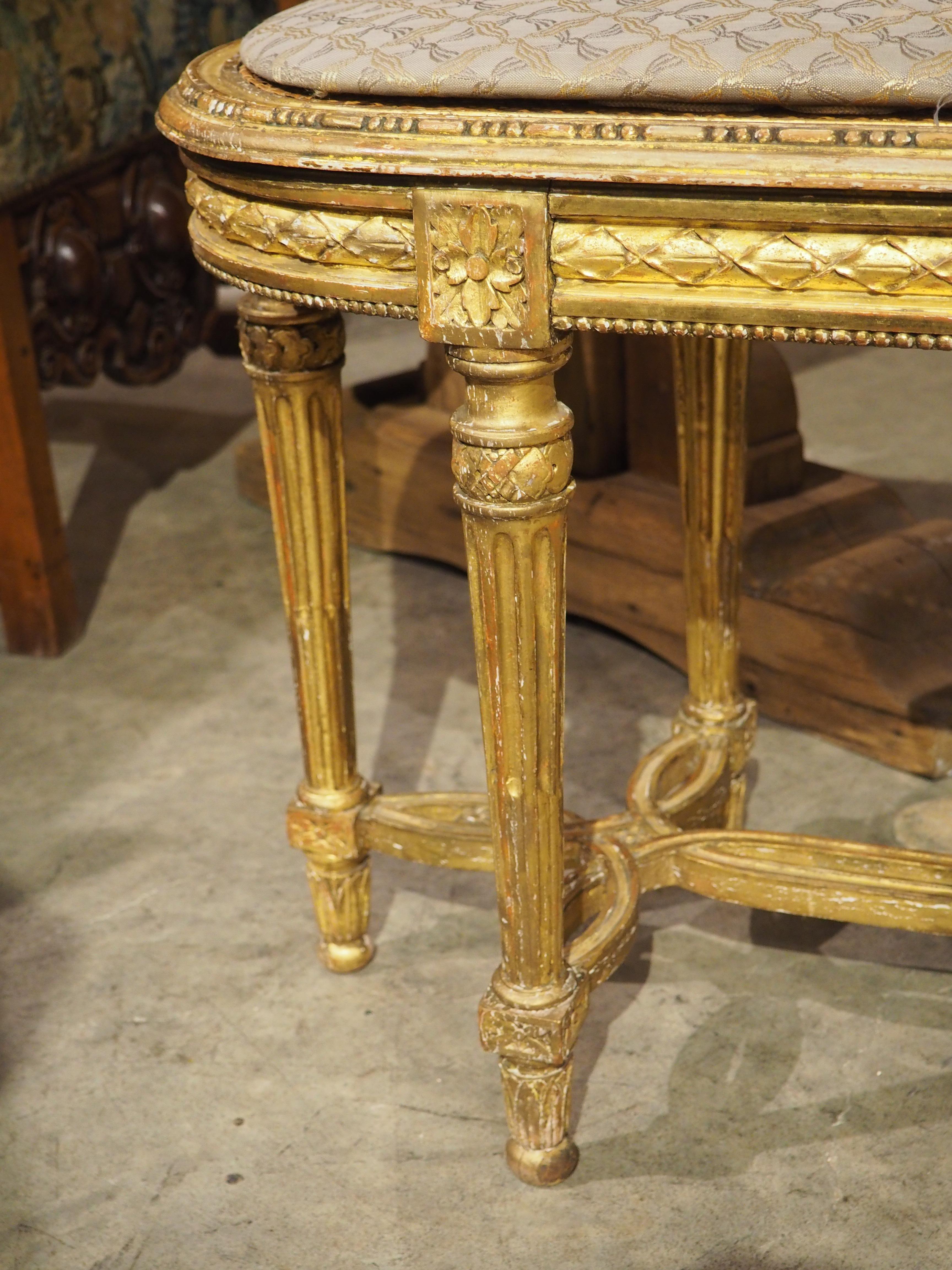 19th Century Antique French Louis XVI Style Giltwood Caned Bench, C. 1885
