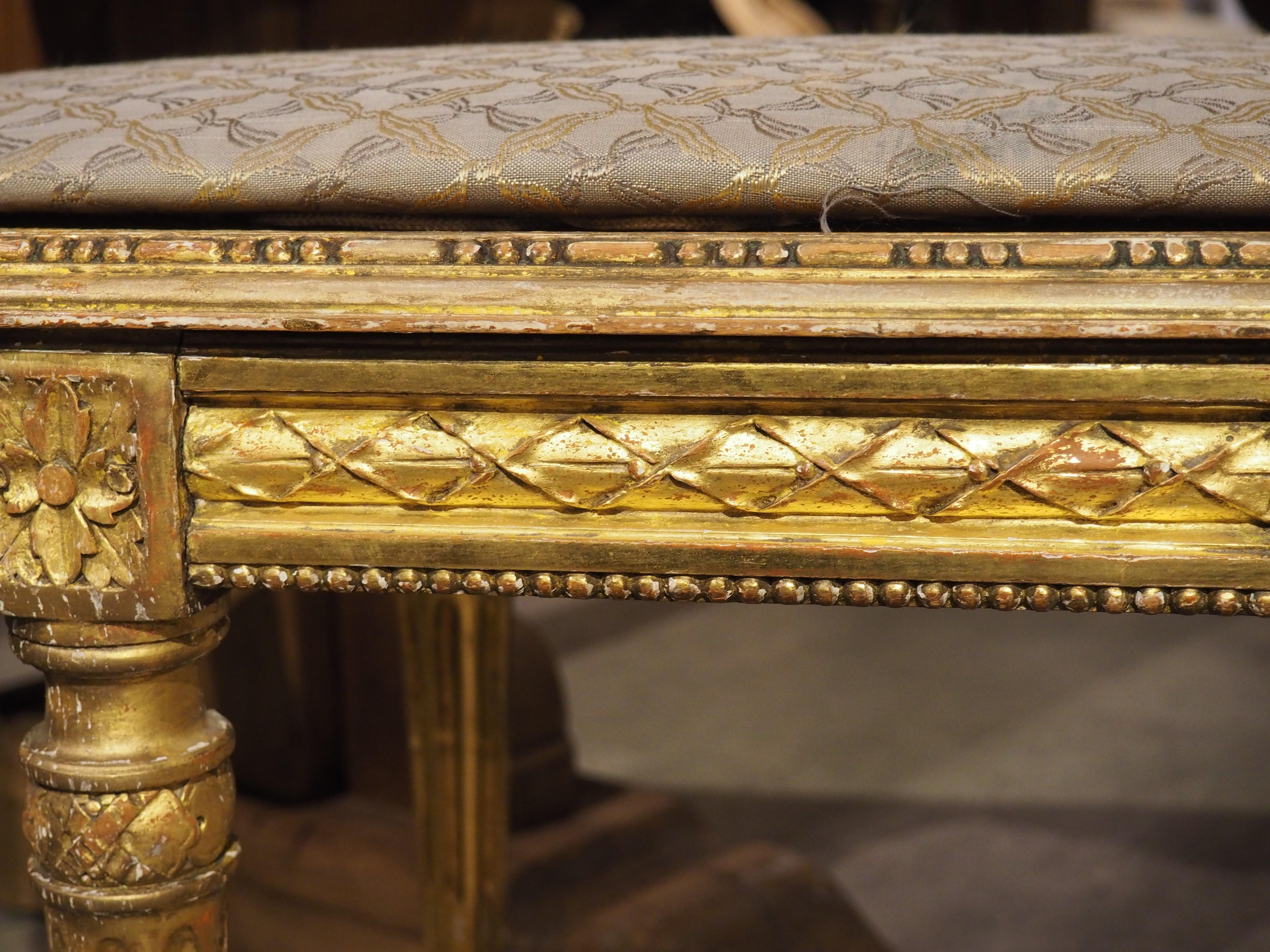 Textile Antique French Louis XVI Style Giltwood Caned Bench, C. 1885