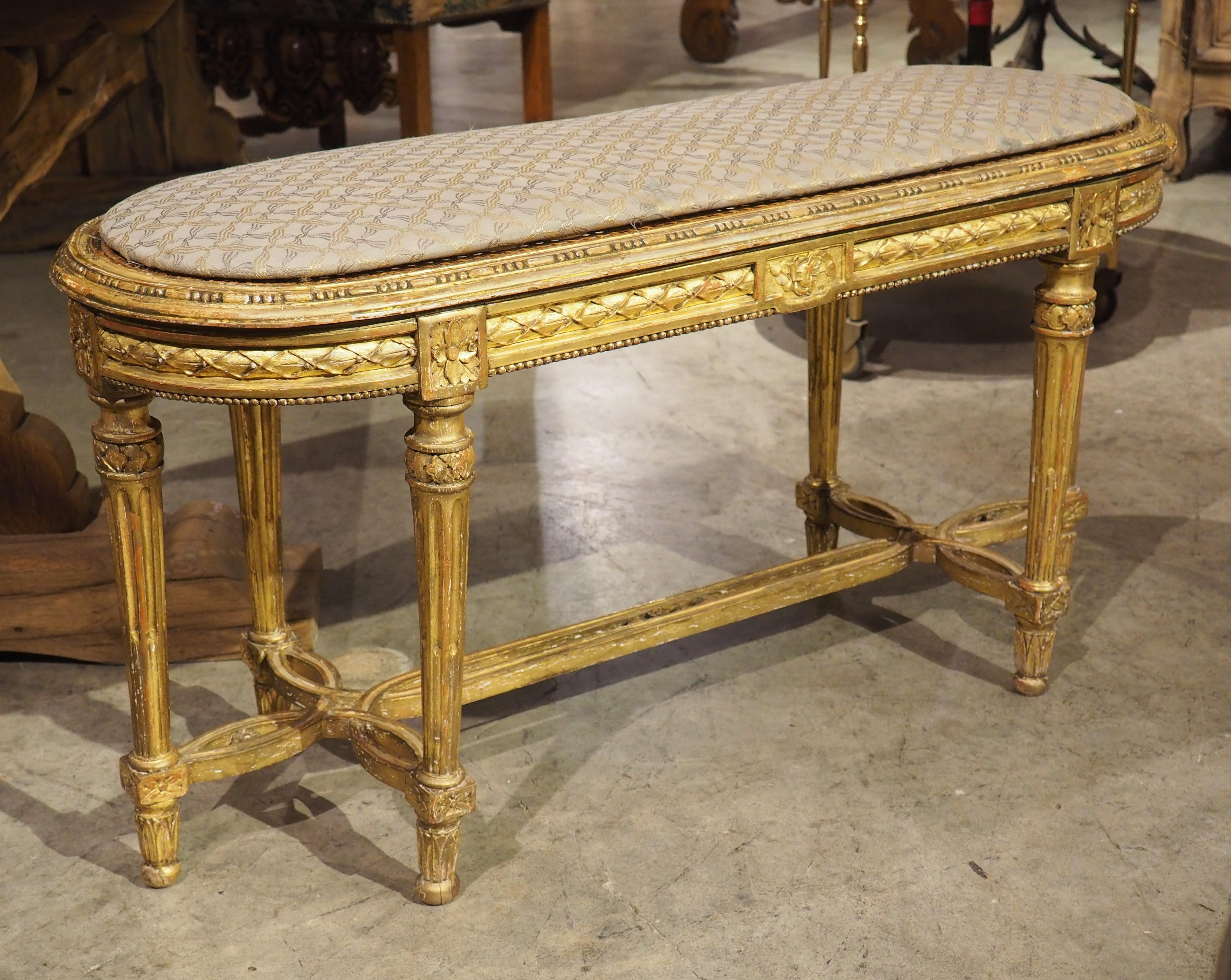 Antique French Louis XVI Style Giltwood Caned Bench, C. 1885 3