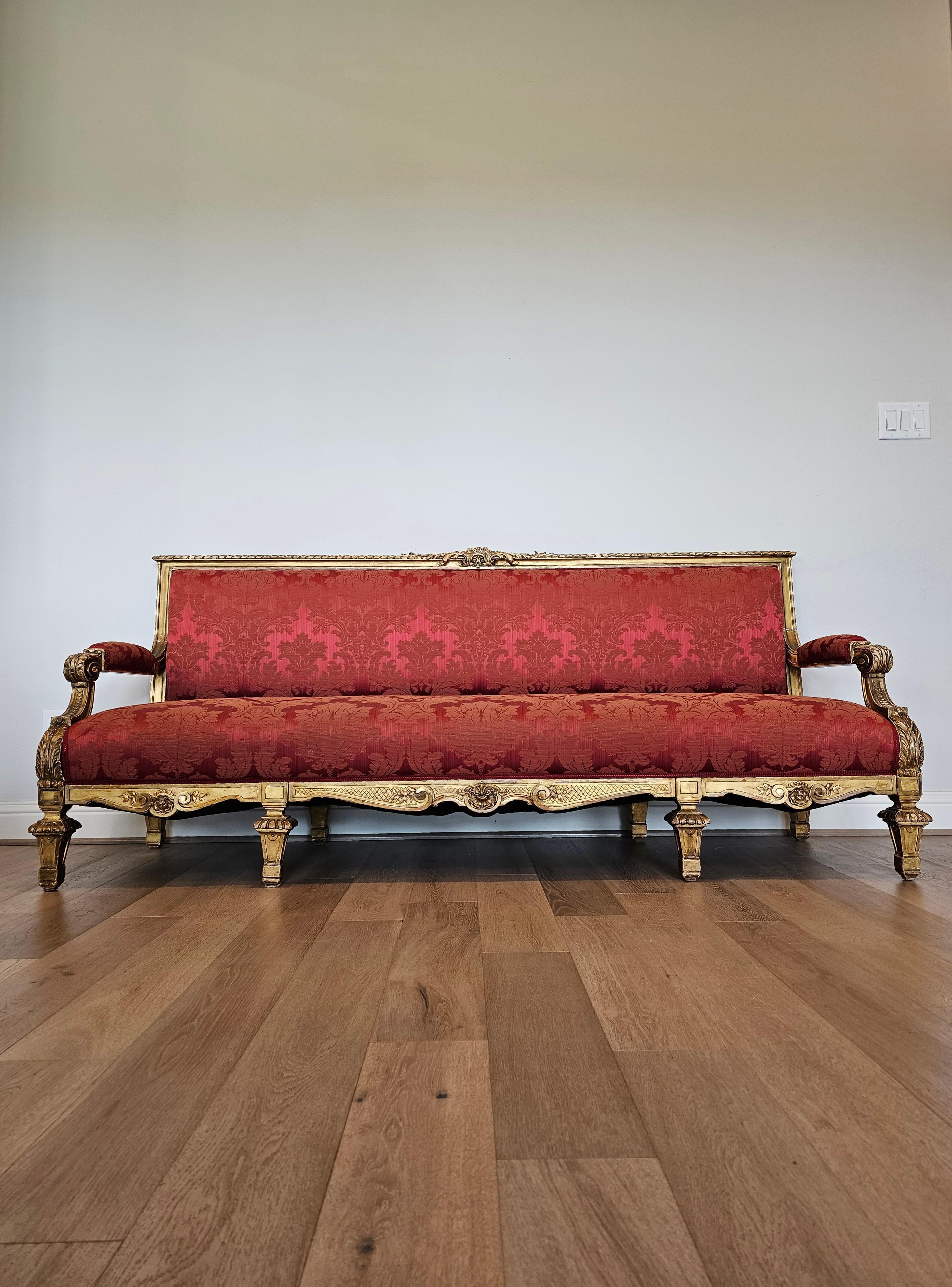 Antique French Louis XVI Style Giltwood Damask Upholstered Long Sofa Set For Sale 7