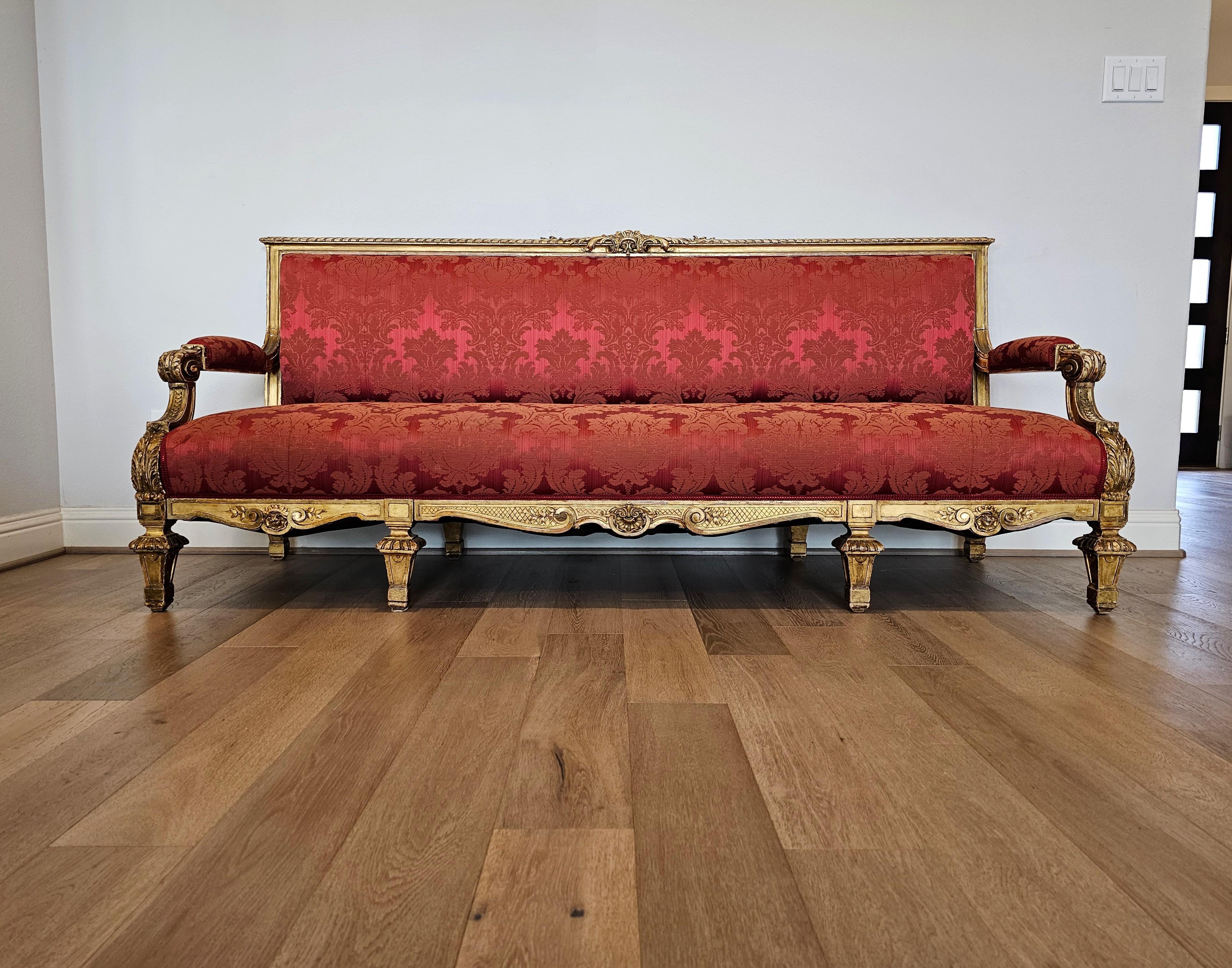 Antique French Louis XVI Style Giltwood Damask Upholstered Long Sofa Set For Sale 8