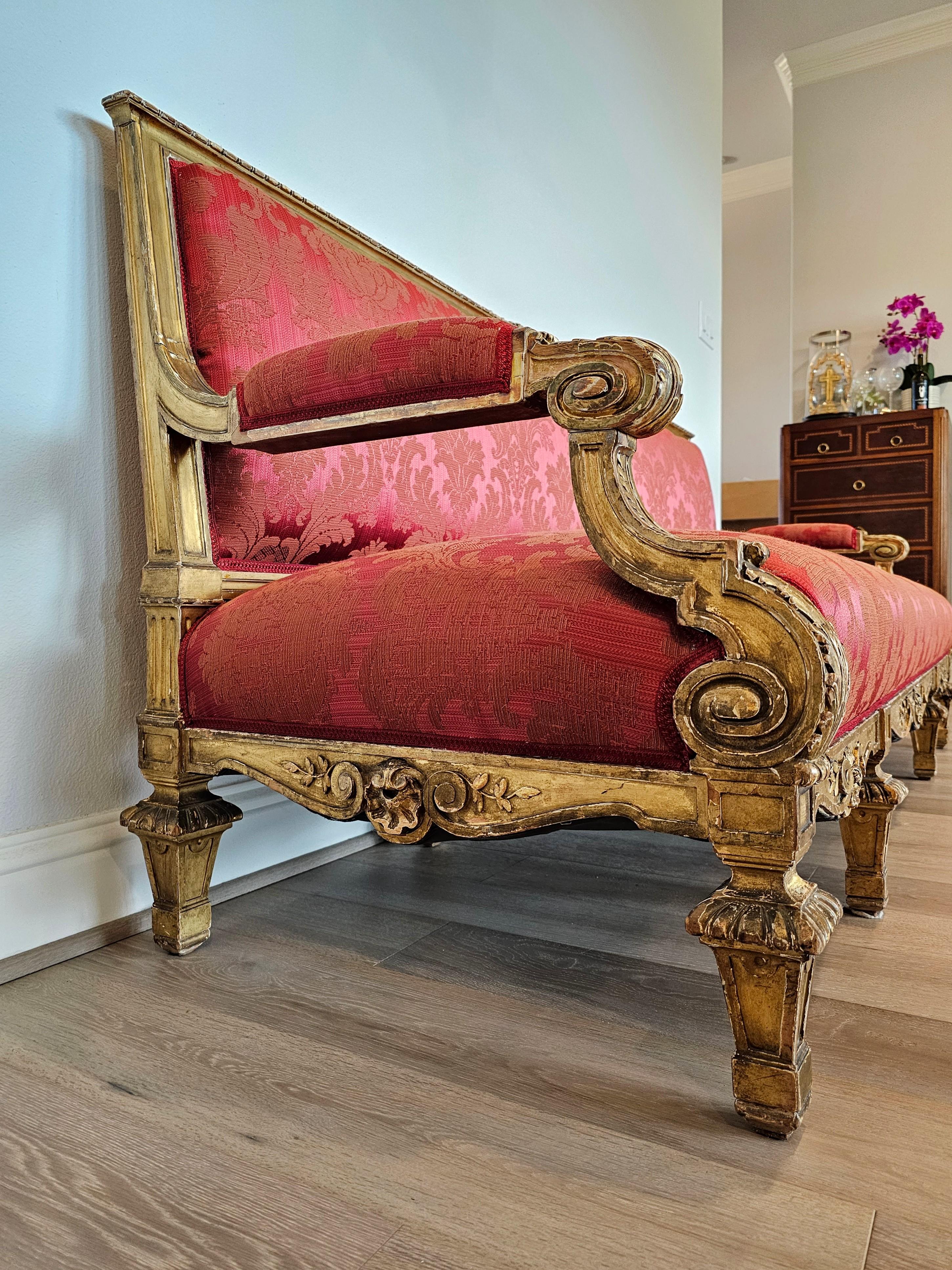 Antique French Louis XVI Style Giltwood Damask Upholstered Long Sofa Set For Sale 11