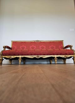 Antique French Louis XVI Style Giltwood Damask Upholstered Long Sofa Set