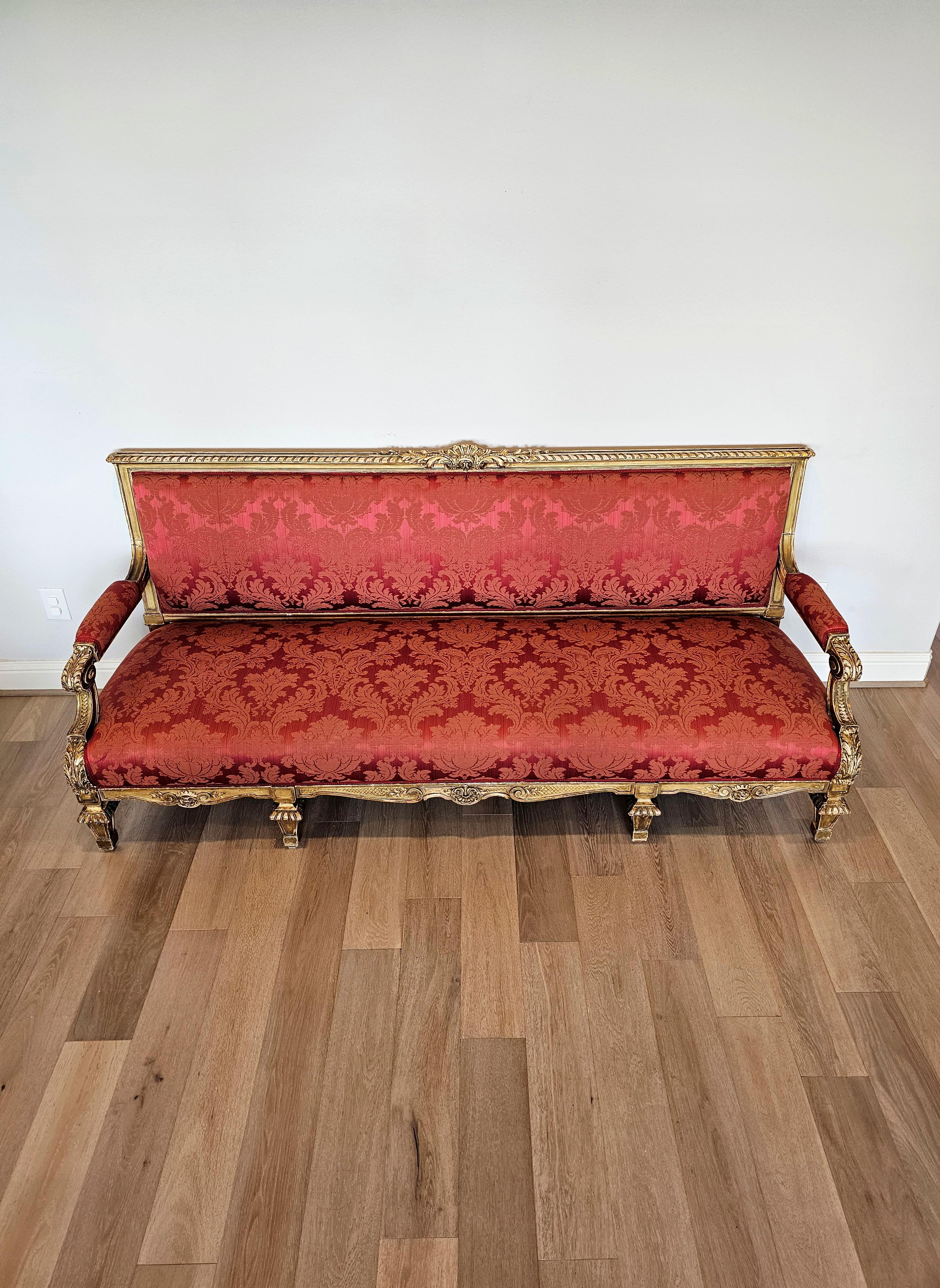 Hand-Carved Antique French Louis XVI Style Giltwood Damask Upholstered Long Sofa Set For Sale
