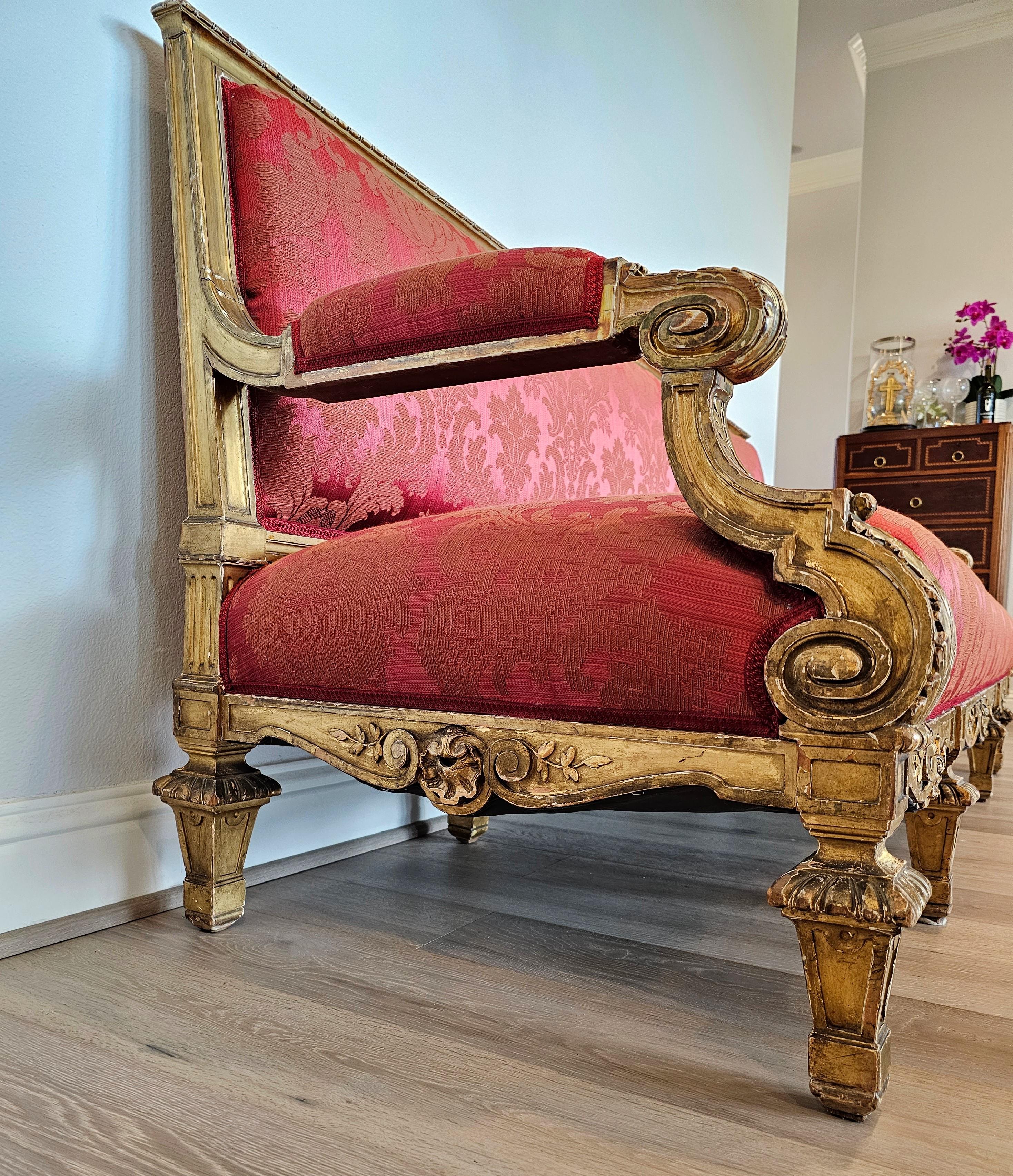 20th Century Antique French Louis XVI Style Giltwood Damask Upholstered Long Sofa Set For Sale