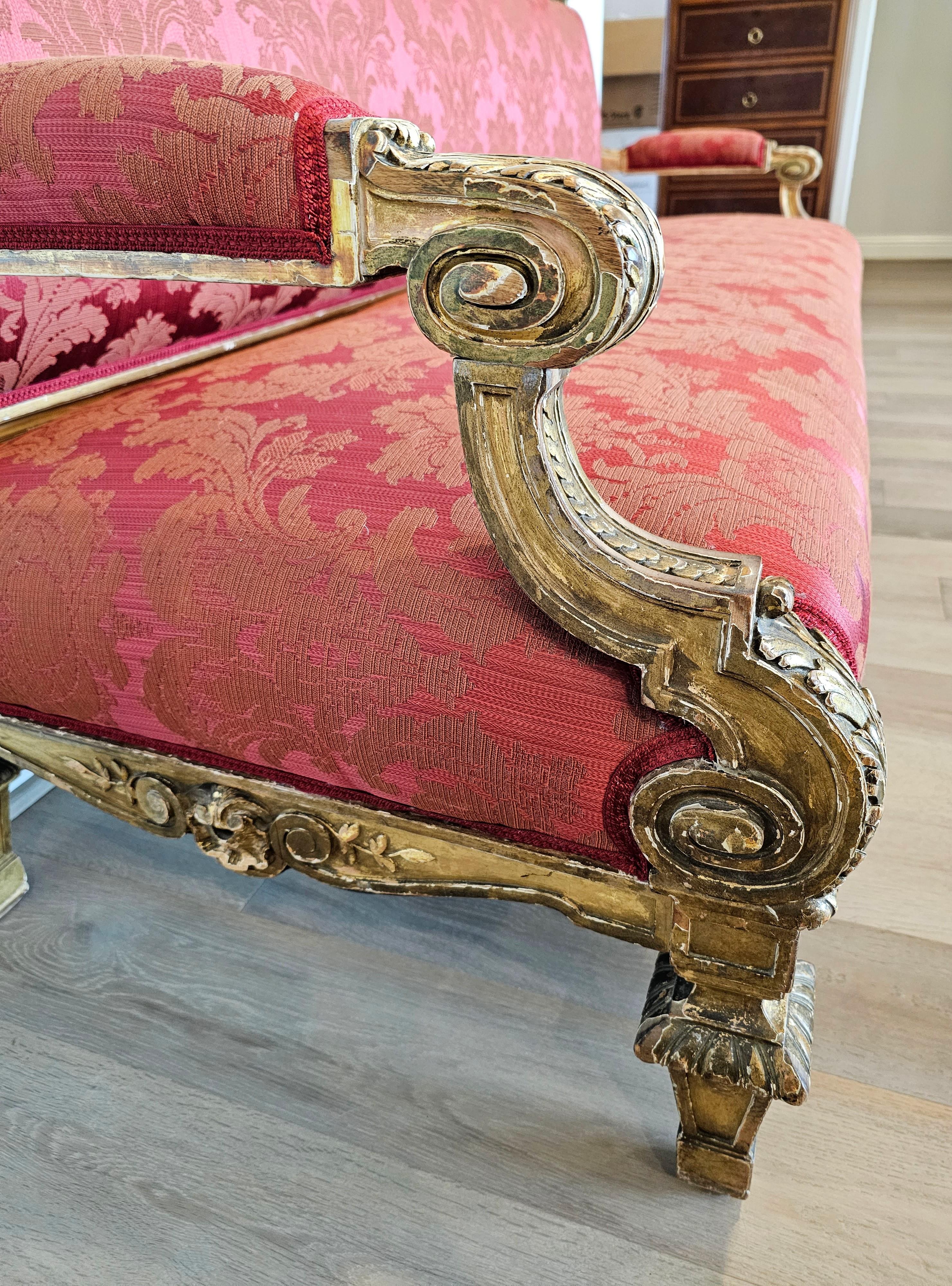 Upholstery Antique French Louis XVI Style Giltwood Damask Upholstered Long Sofa Set For Sale