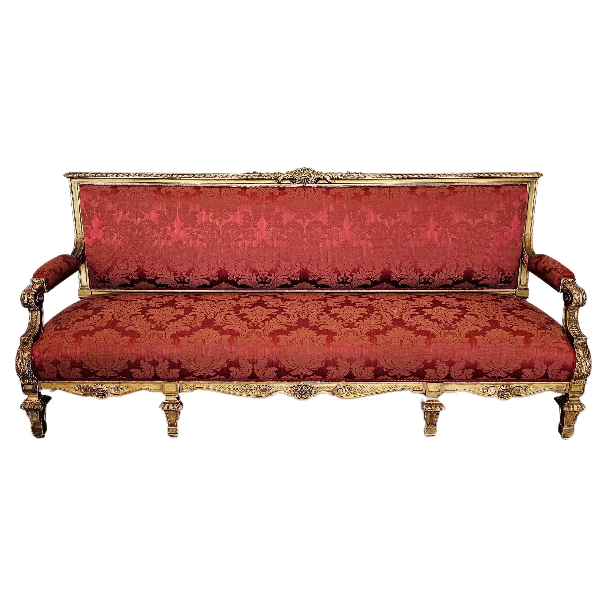 Antique French Louis XVI Style Giltwood Damask Upholstered Long Sofa Set For Sale